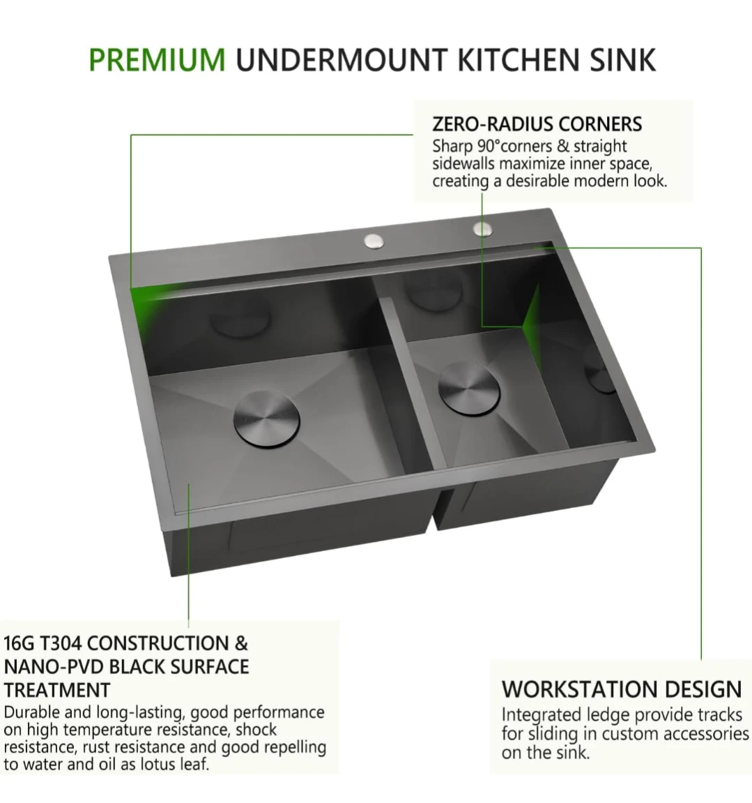 33x22 Black Drop in Double Bowl Kitchen Sink, Topmount - photo 4