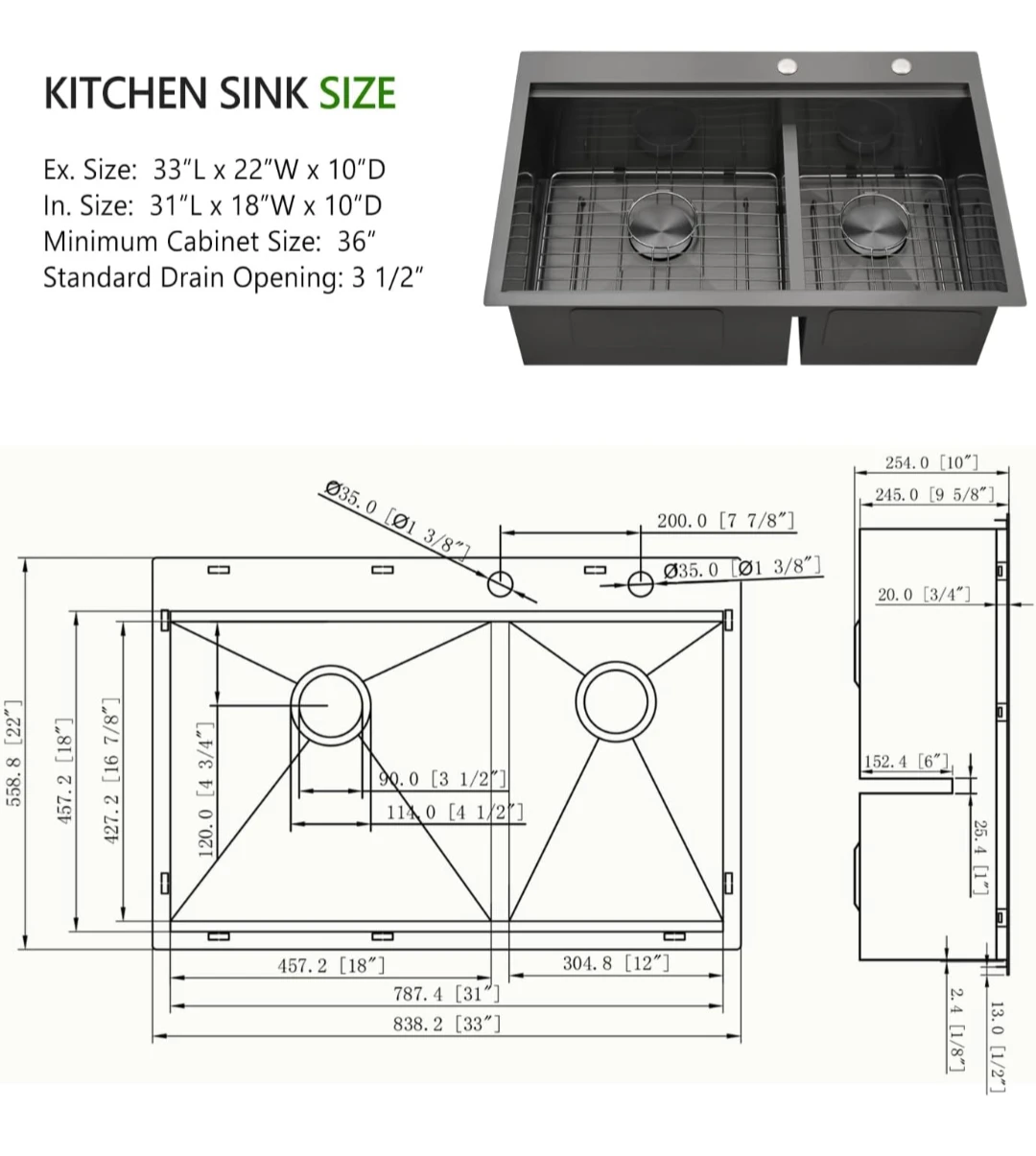 33x22 Black Drop in Double Bowl Kitchen Sink, Topmount - photo 5