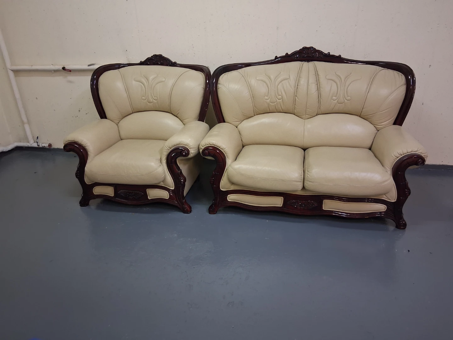 Cream Leather Sofa Set with Dark Wood Trim
