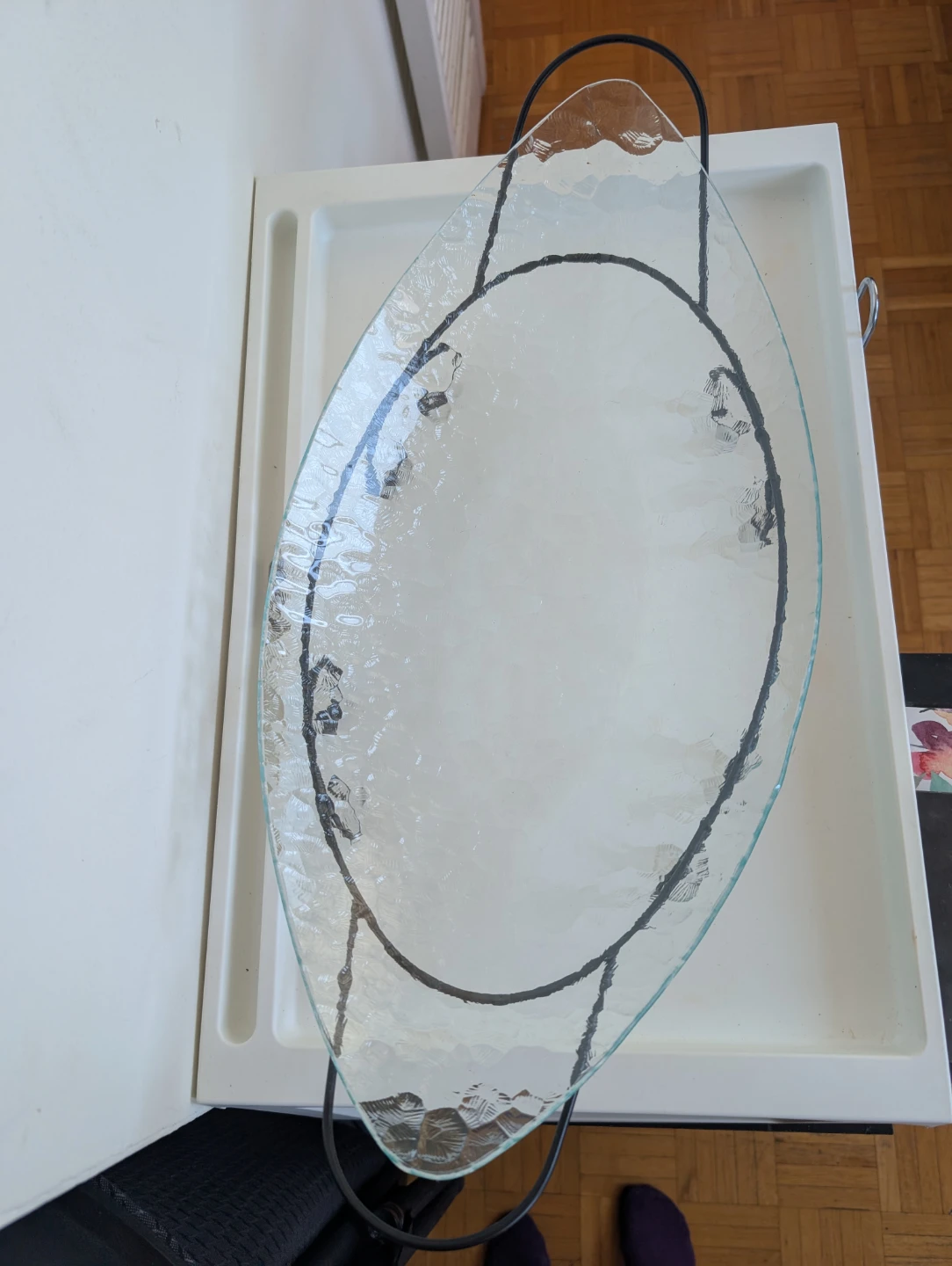 Textured Glass Oval Serving Tray with Metal Stand - photo 4