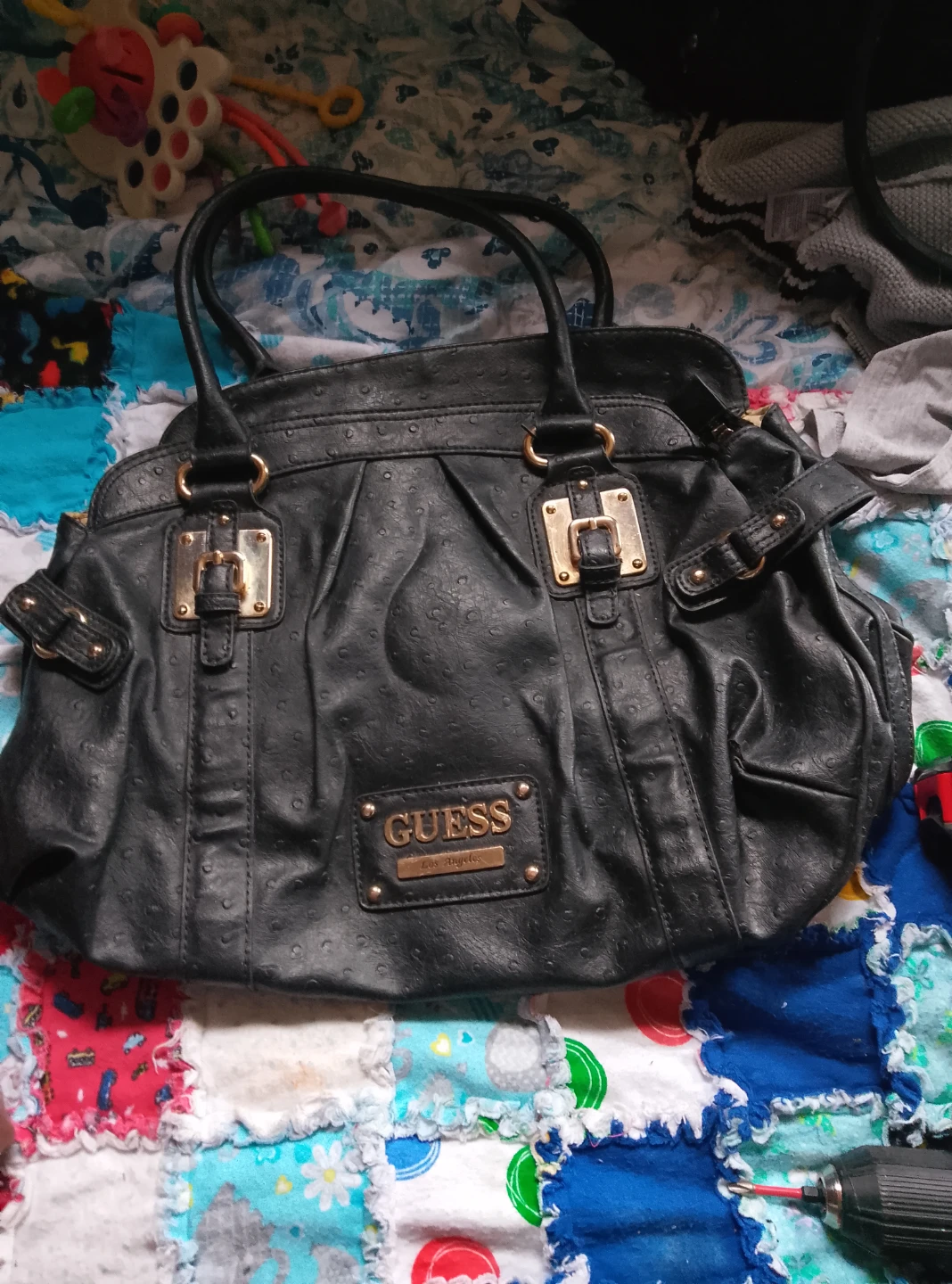 Guess Black Faux Leather Textured Handbag