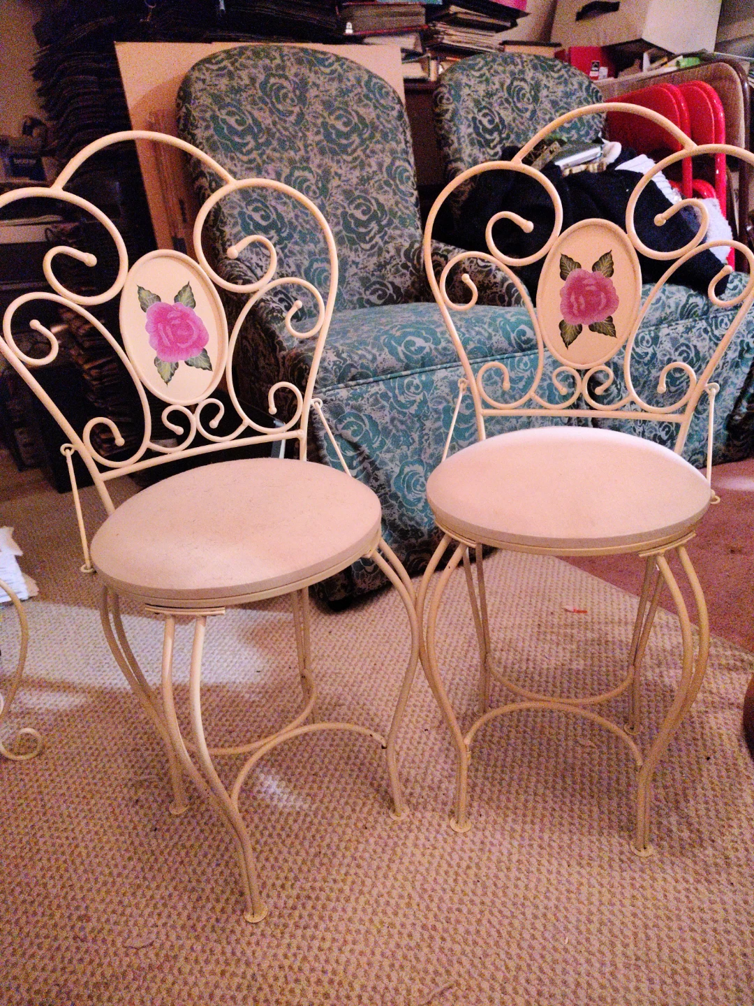 Set of 2 Cream Vintage-Look Shabby Chic Accent Vanity Stools