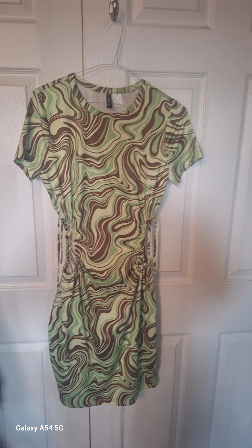 H&M Swirl Print Ruched Mini Dress - Green/Brown