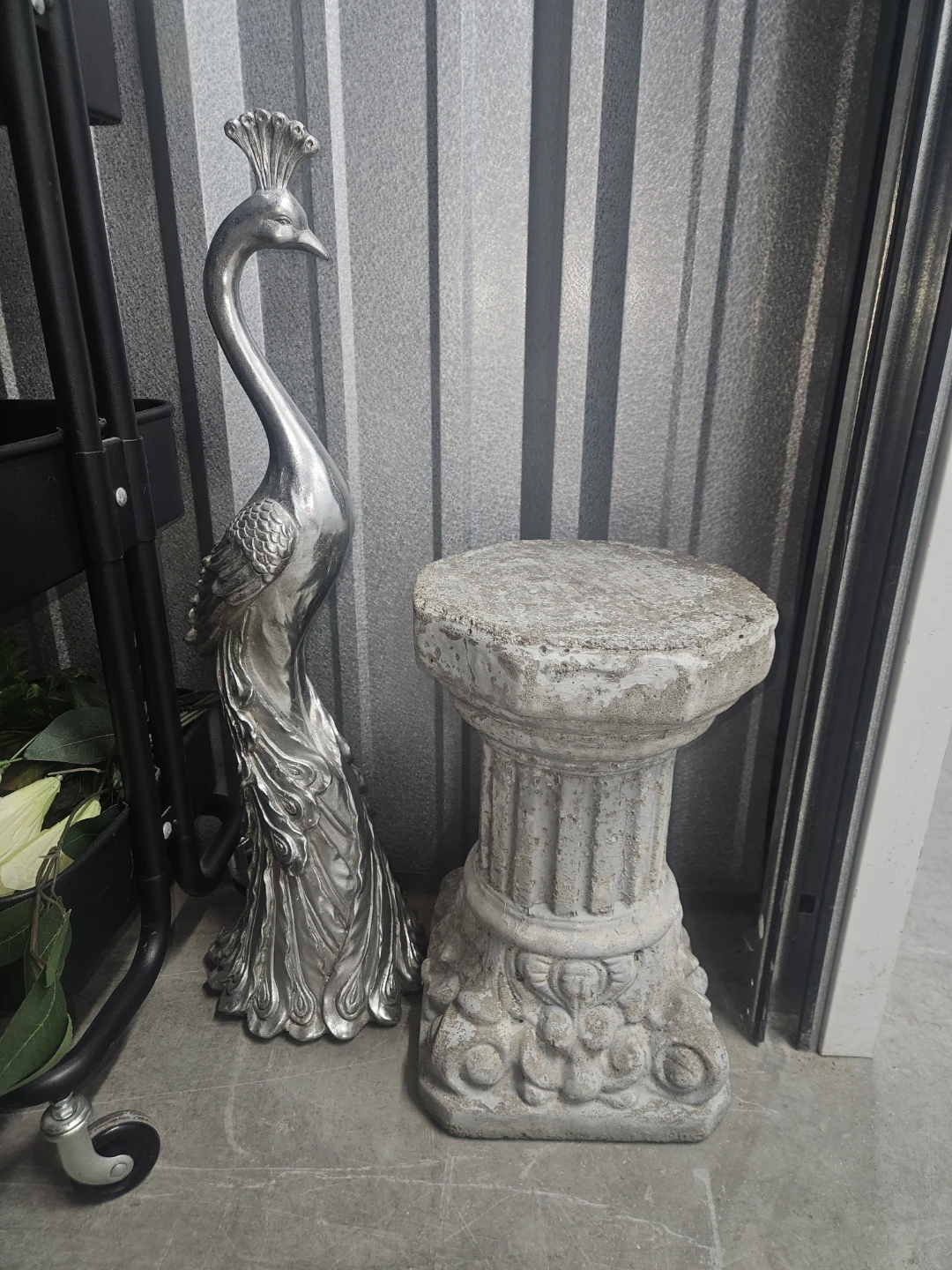 Silver Peacock Figurine and Stone Pedestal Stand