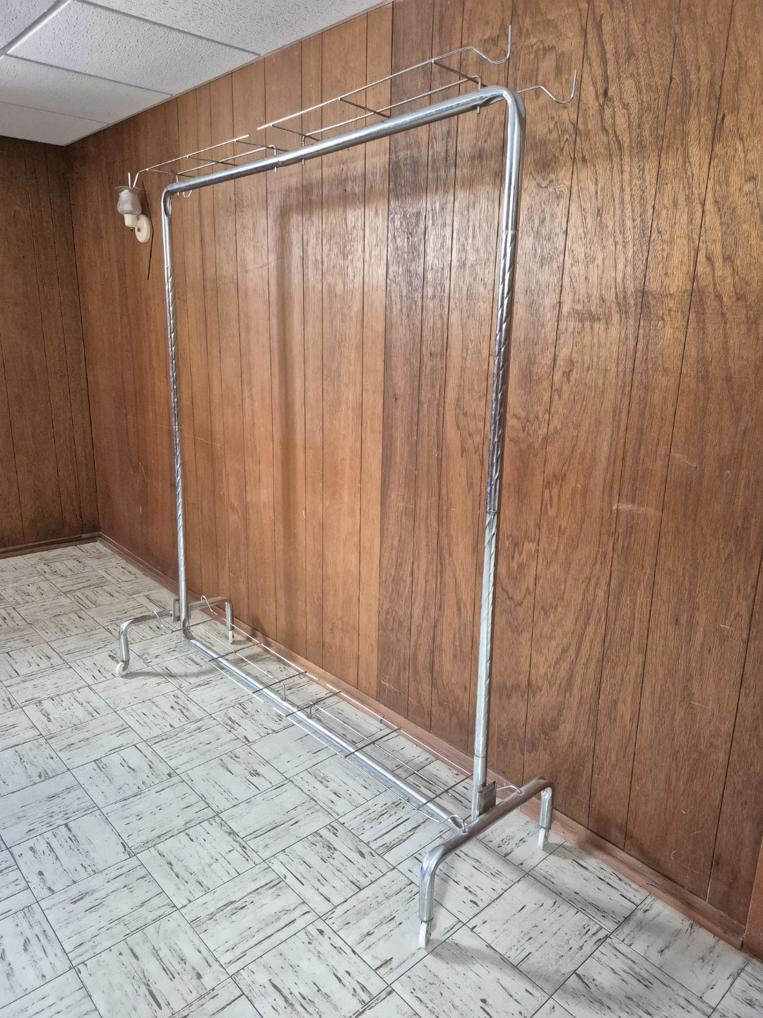 Vintage Rolling Clothing Rack with Shelves & Hooks: Sturdy