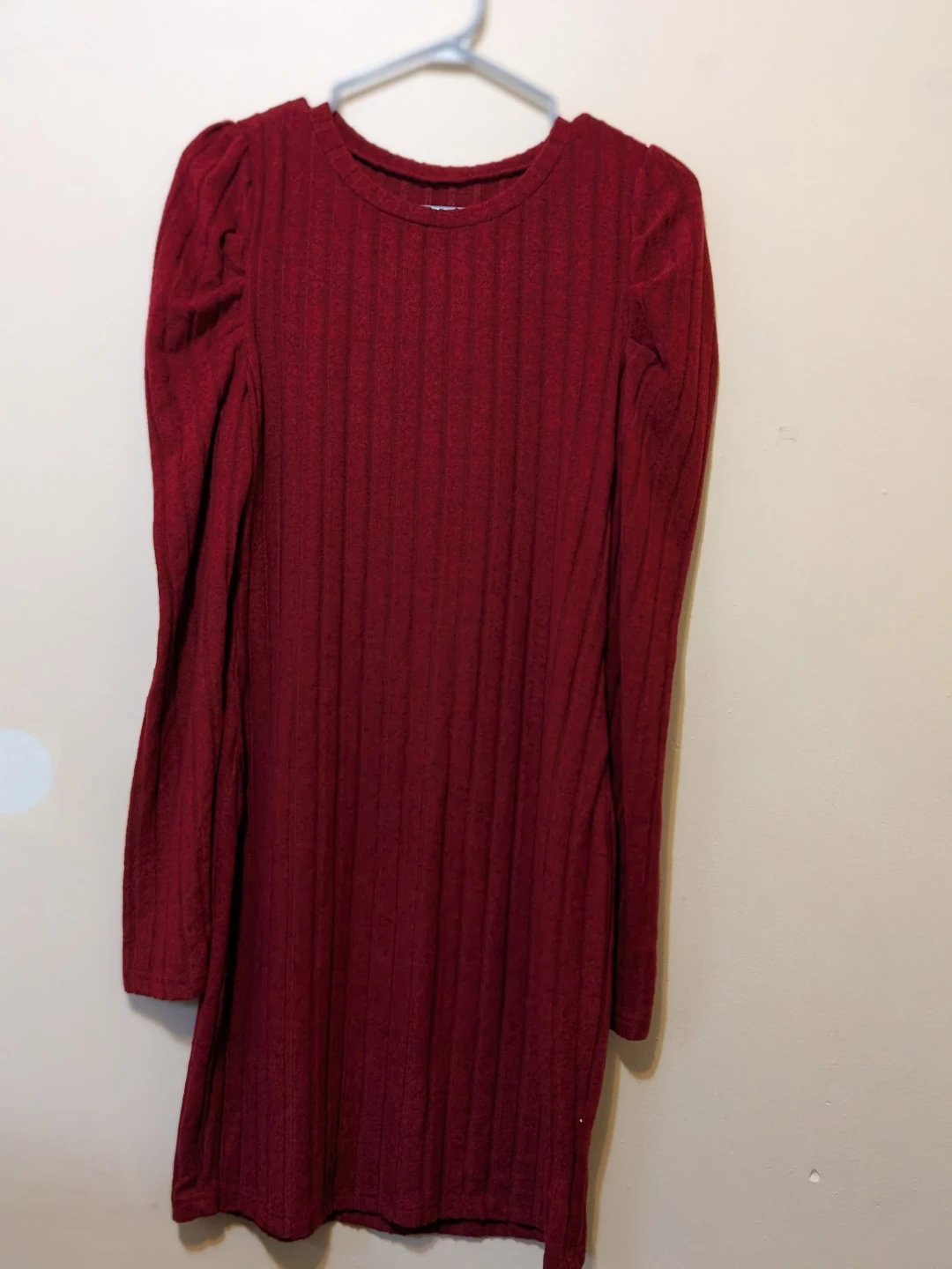 Burgundy Ribbed Puff Sleeve Dress