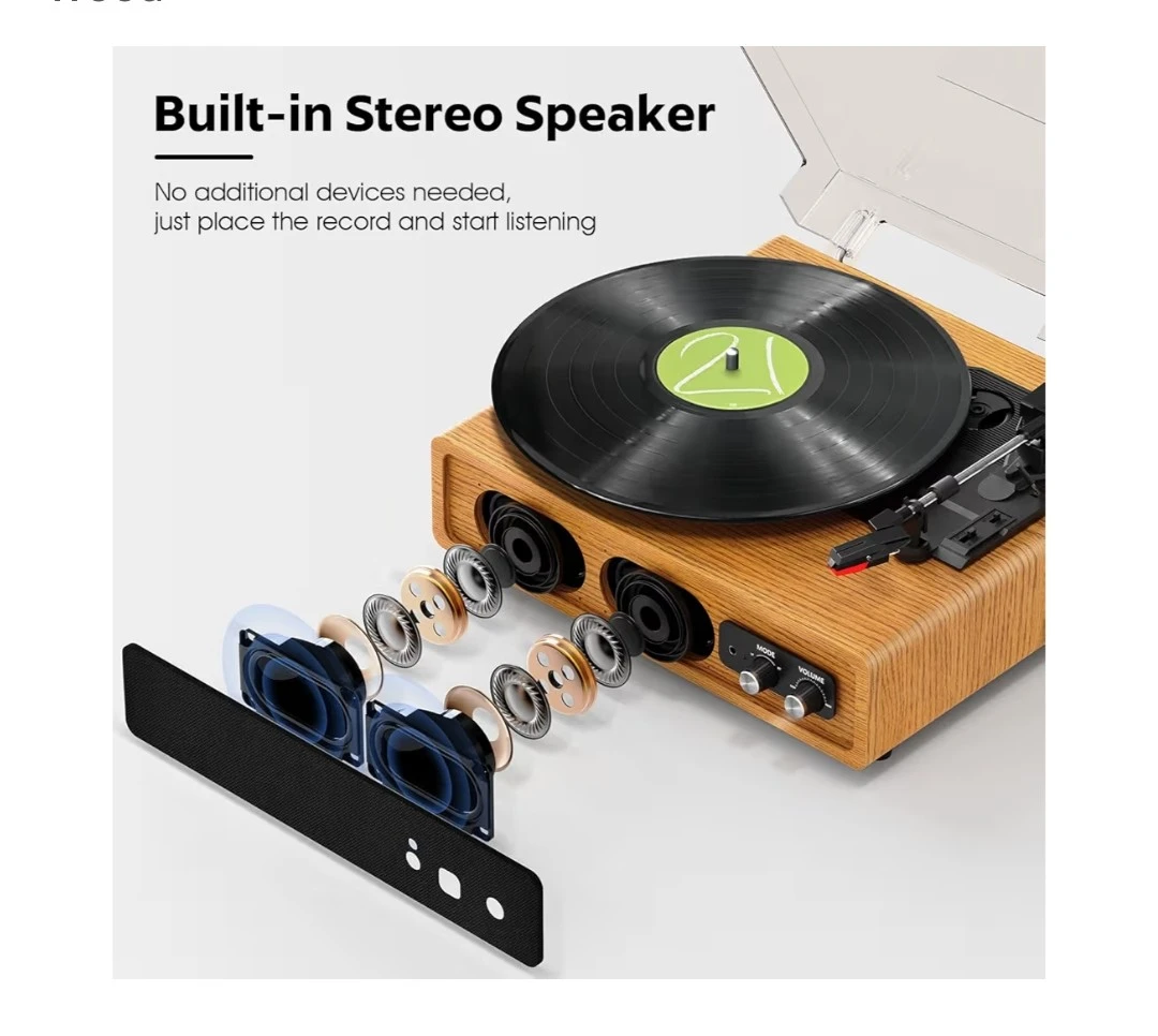 Wooden Turntable Record Player with Built-in Stereo Speakers - photo 5
