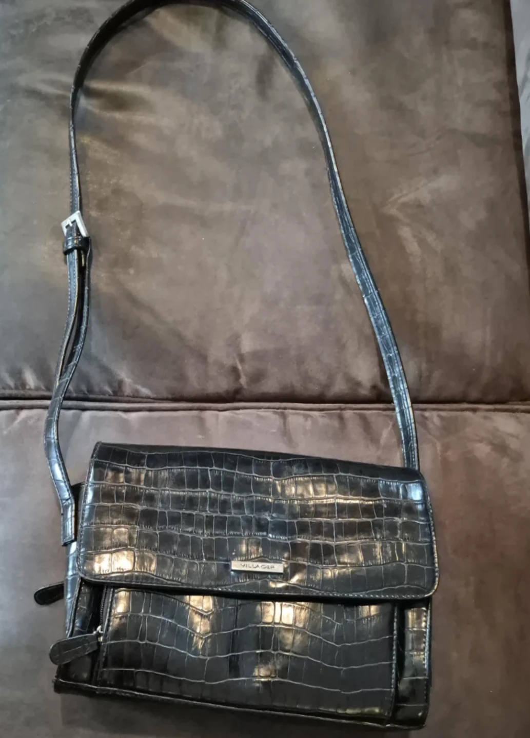 Black Croc Embossed Shoulder Bag