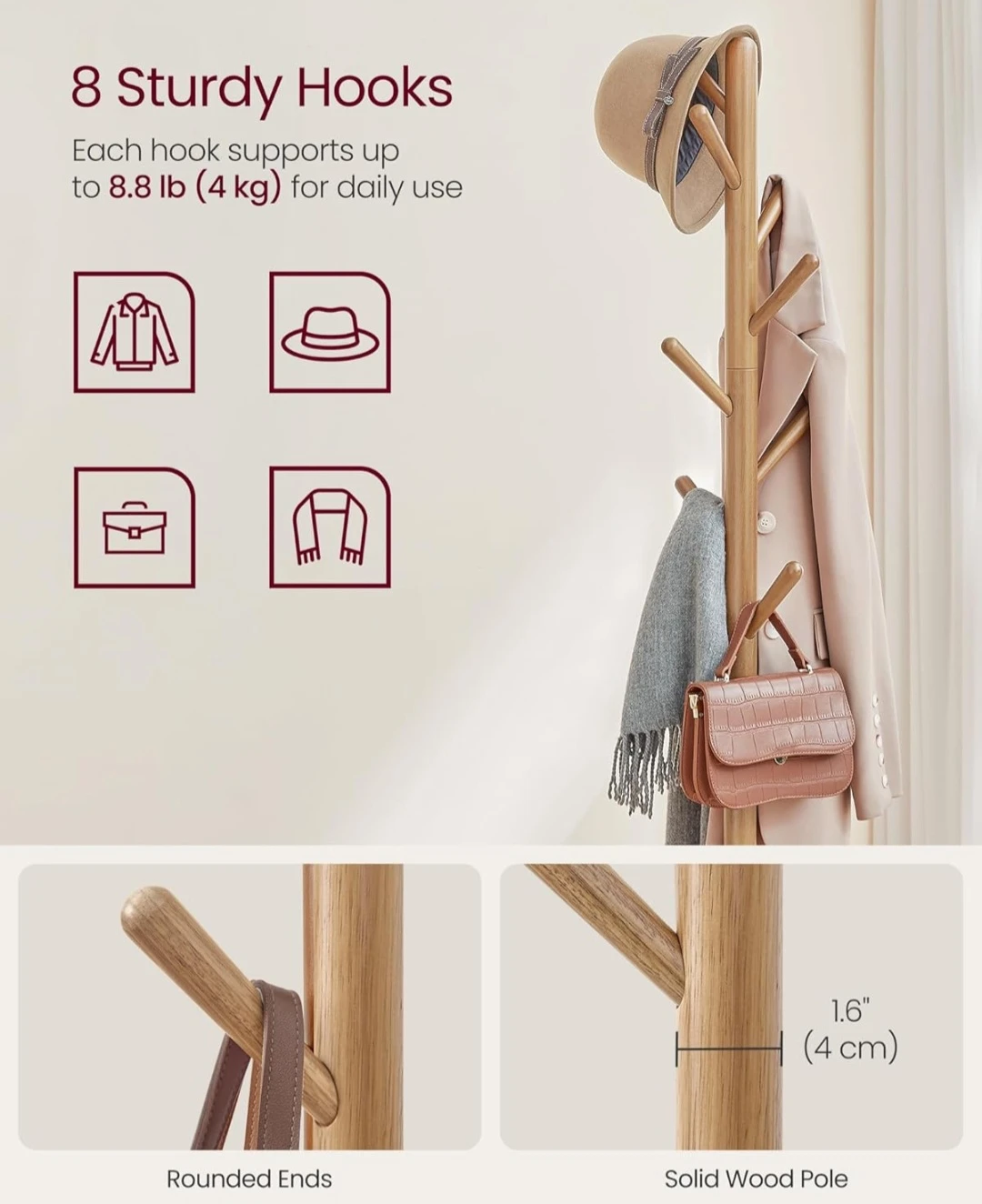 VASAGLE Coat Rack with Shelf and 8 Hooks - photo 3