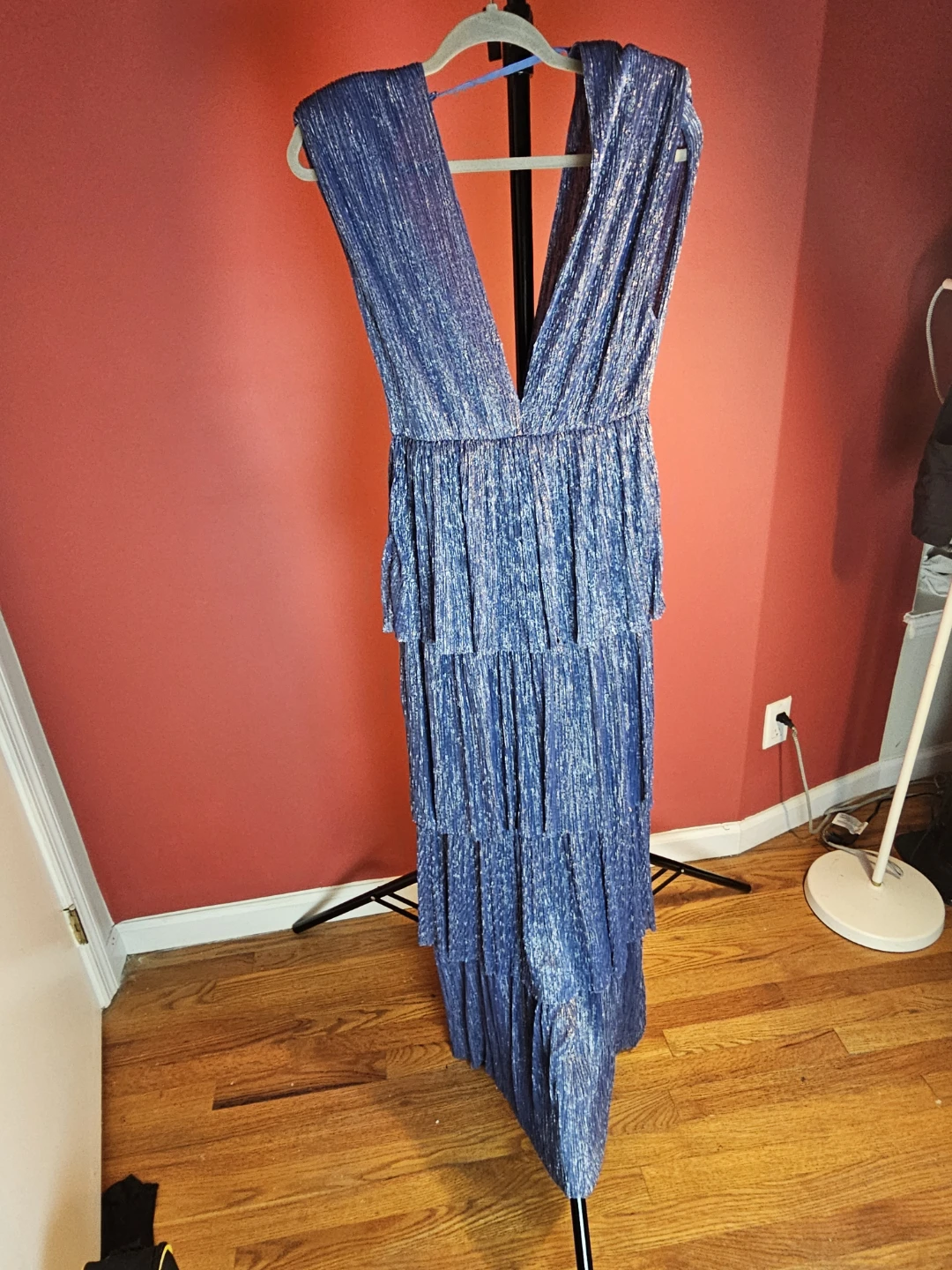 Ramy Brook Blue Metallic Tiered V-Neck Maxi Dress