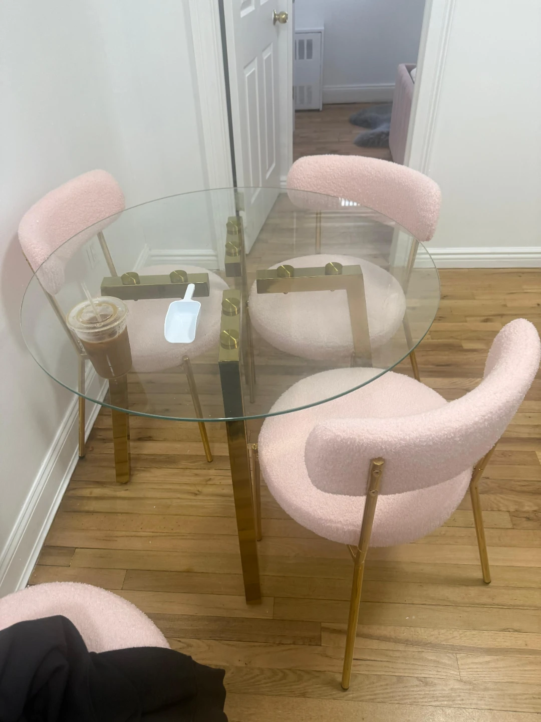Glass Dining Table Set with 4 Pink Boucle Chairs