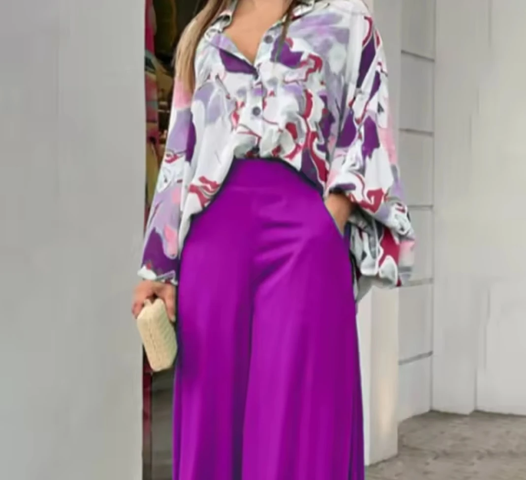 Women's Printed Long Sleeve Shirt and Wide Leg Pants Set