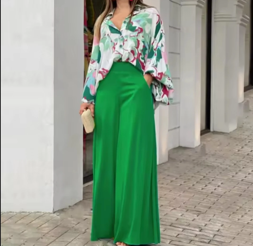 Women's Printed Long Sleeve Shirt and Wide Leg Pants Set - photo 3