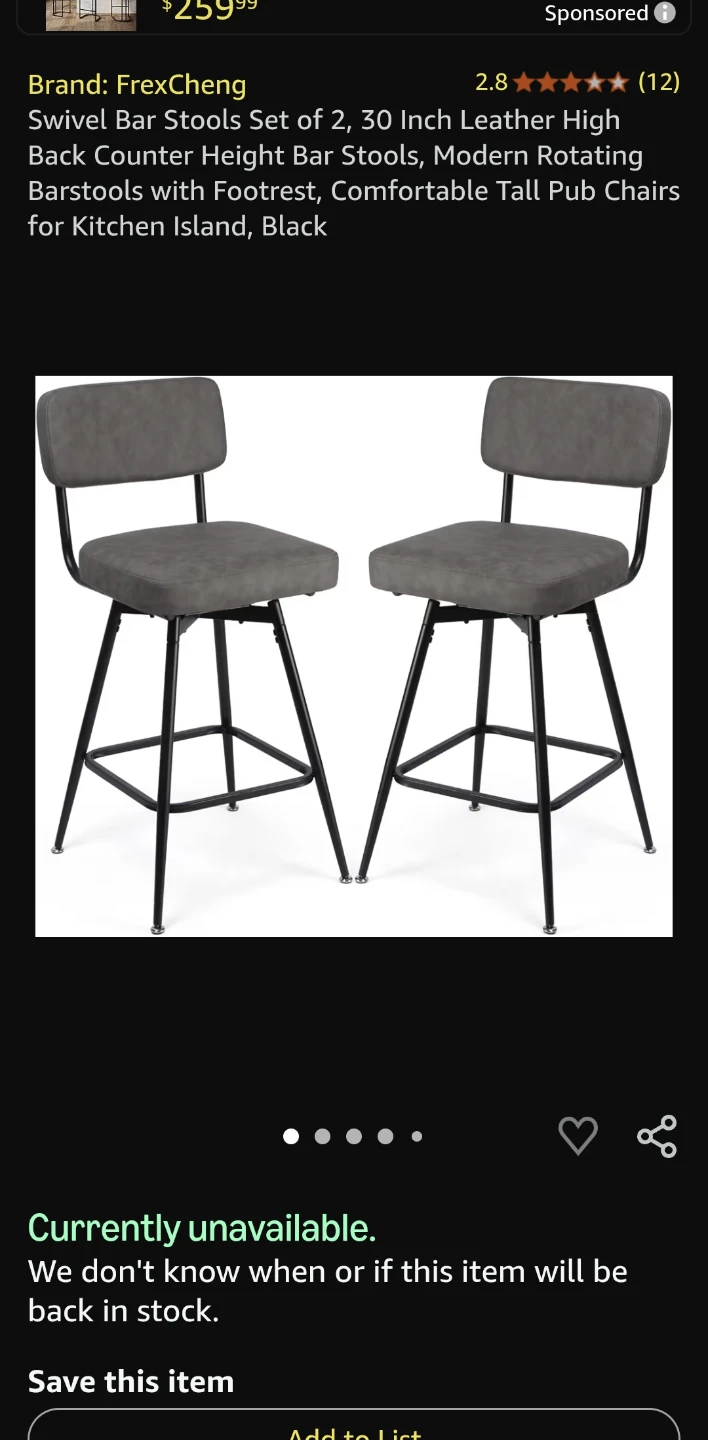 FreyCheng Swivel Bar Stools Set of 2, High Back Counter Stools