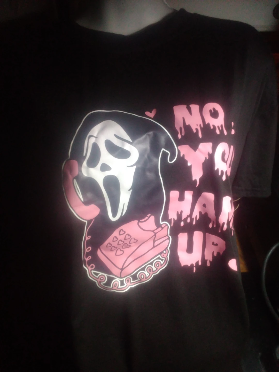 Black T-Shirt with Ghostface "NO, YOU HANG UP" Graphic