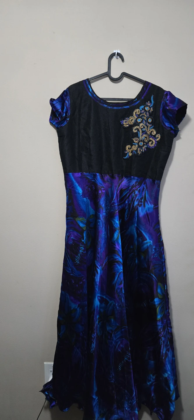 Women's Blue and Purple Floral Dress with Black Overlay