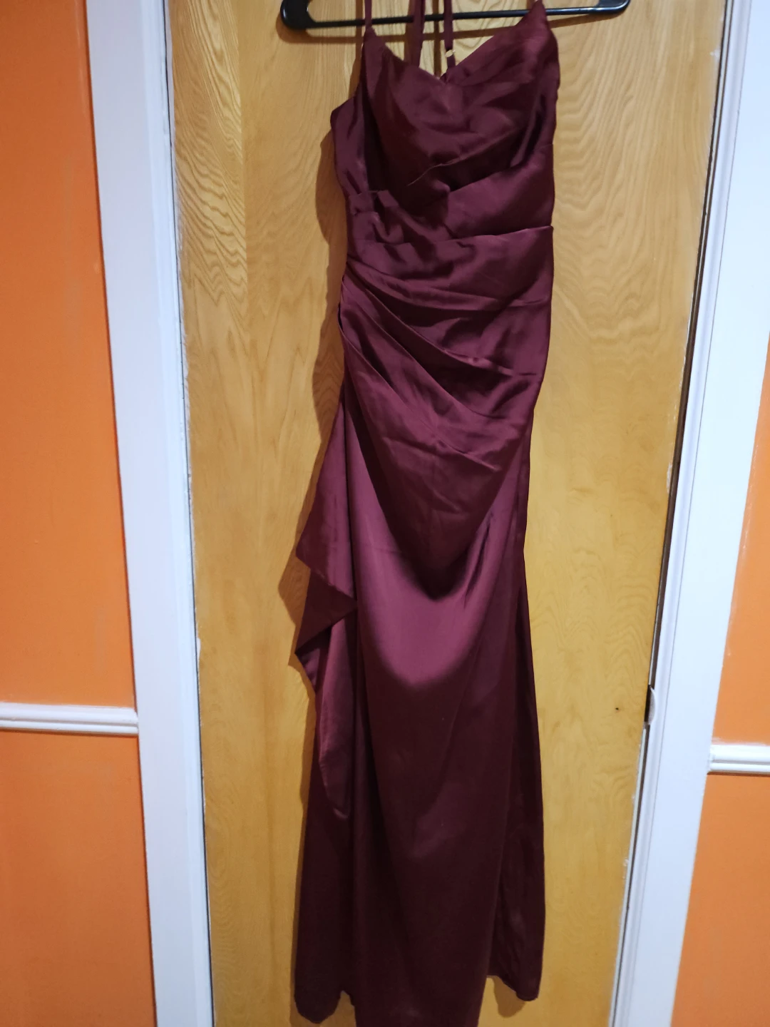 Maroon Satin Halter Neck Maxi Dress