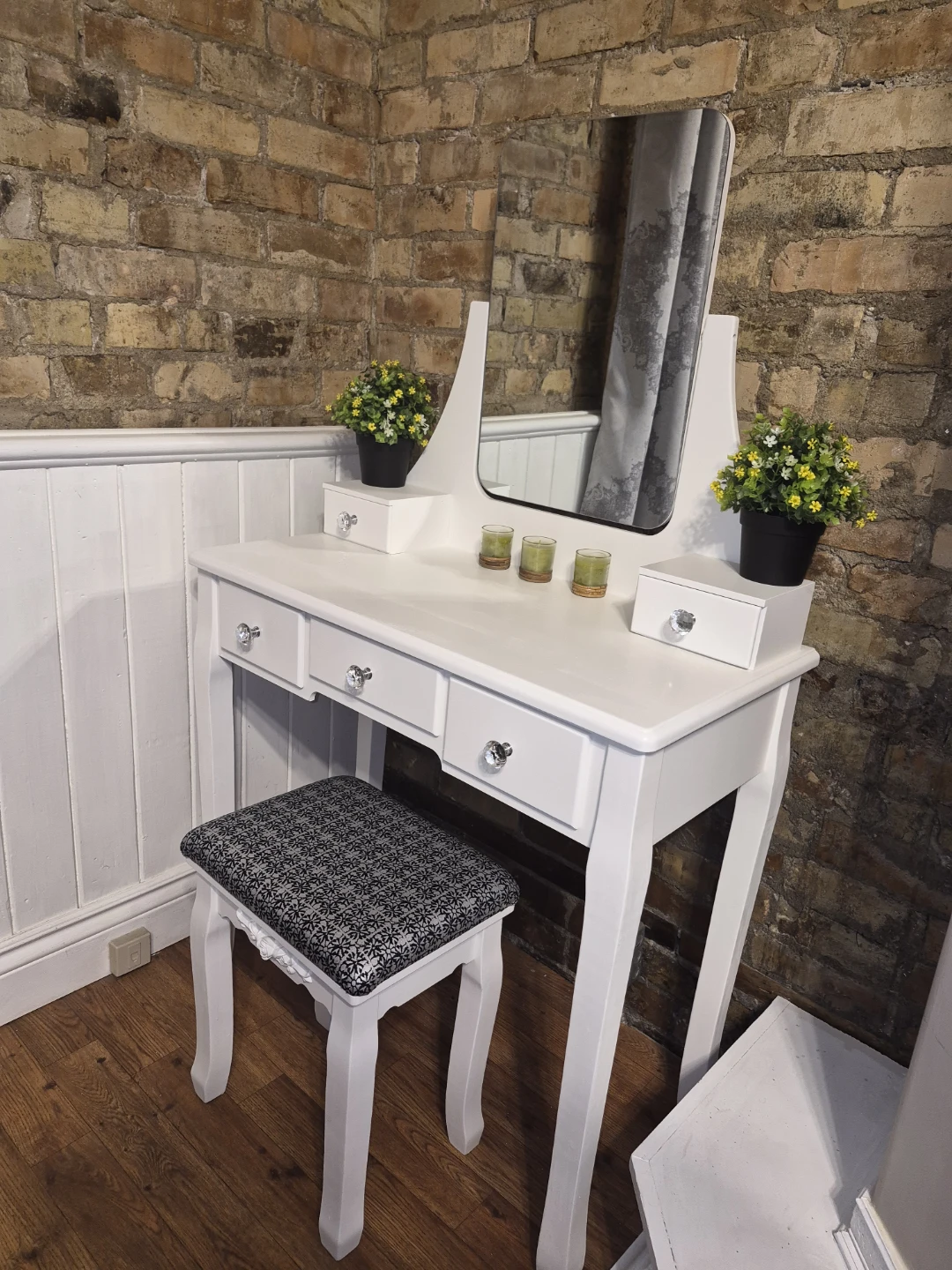 White Vanity Table with Mirror and Stool