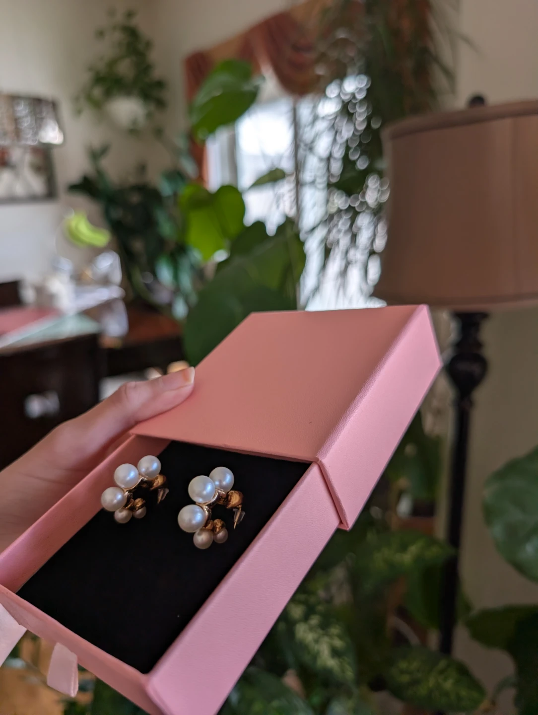 Nush Pearl cluster earrings in pink gift box