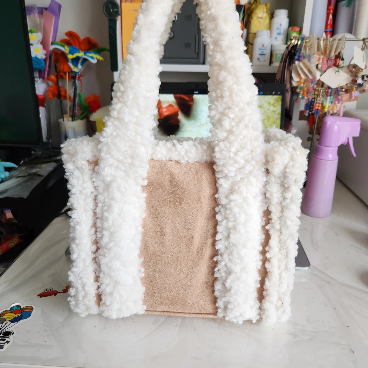 White Fuzzy Tote Bag with Tan Suede Accents