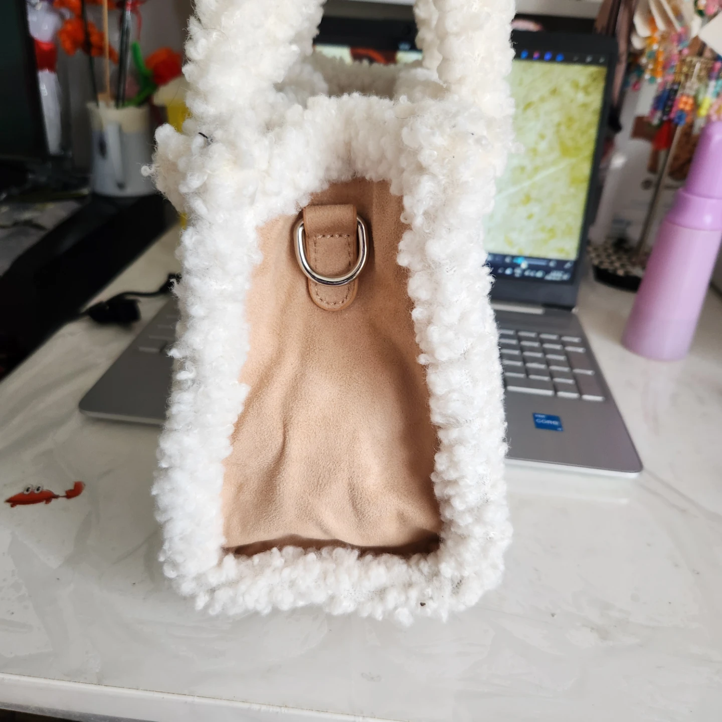 White Fuzzy Tote Bag with Tan Suede Accents - photo 2