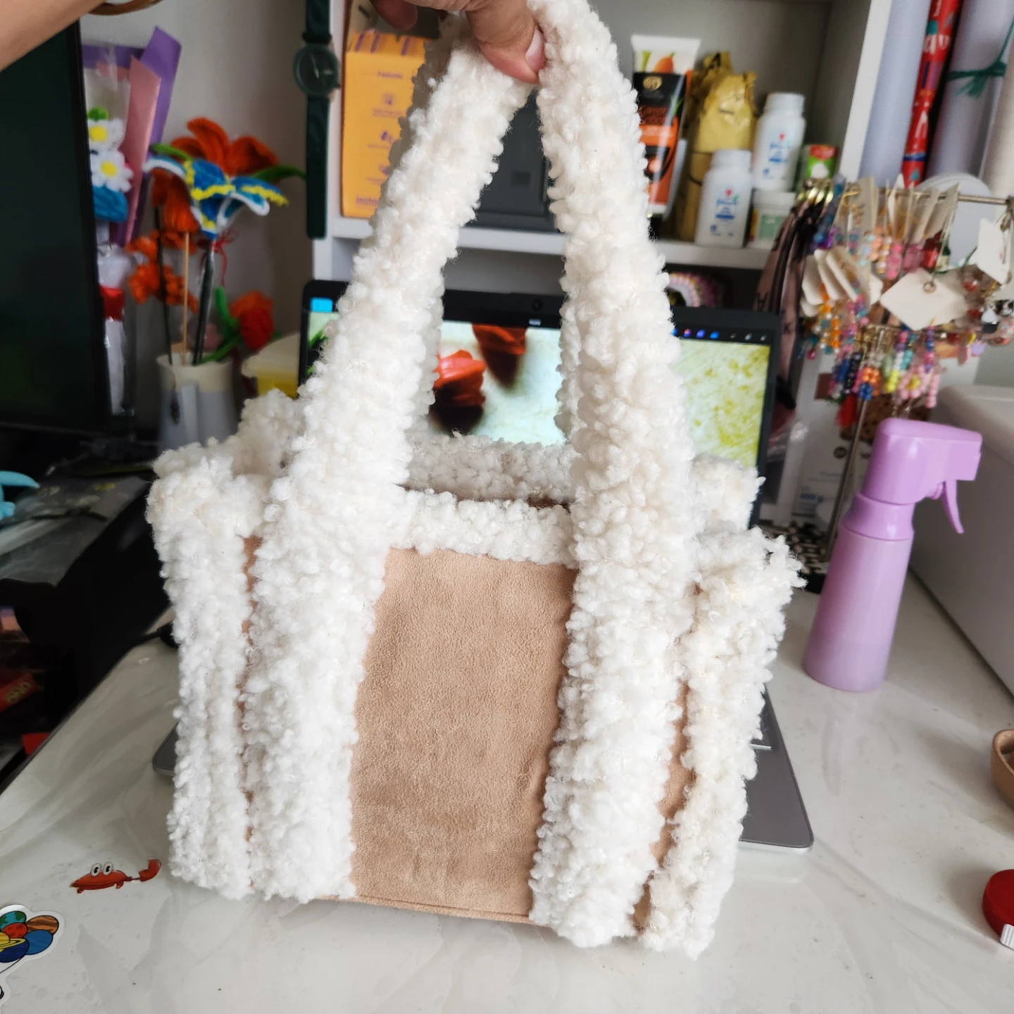 White Fuzzy Tote Bag with Tan Suede Accents - photo 3