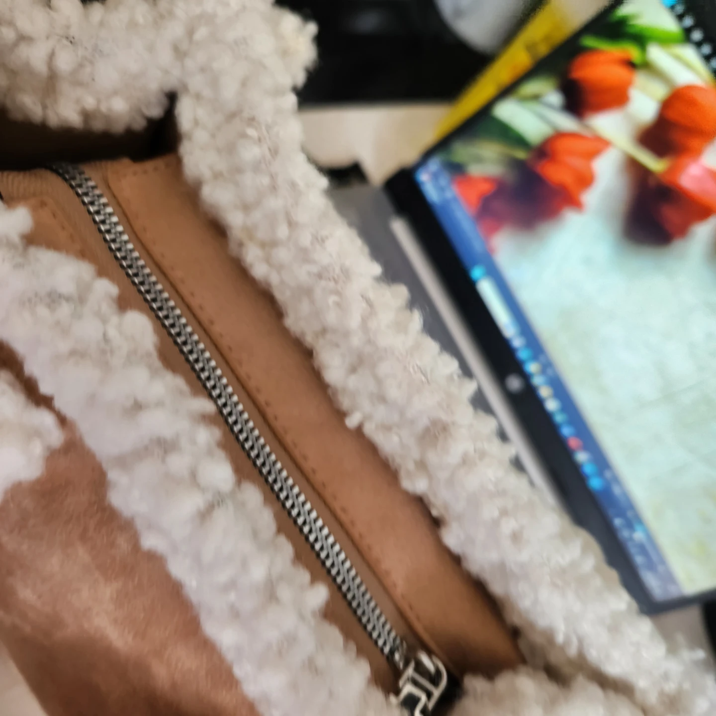 White Fuzzy Tote Bag with Tan Suede Accents - photo 4