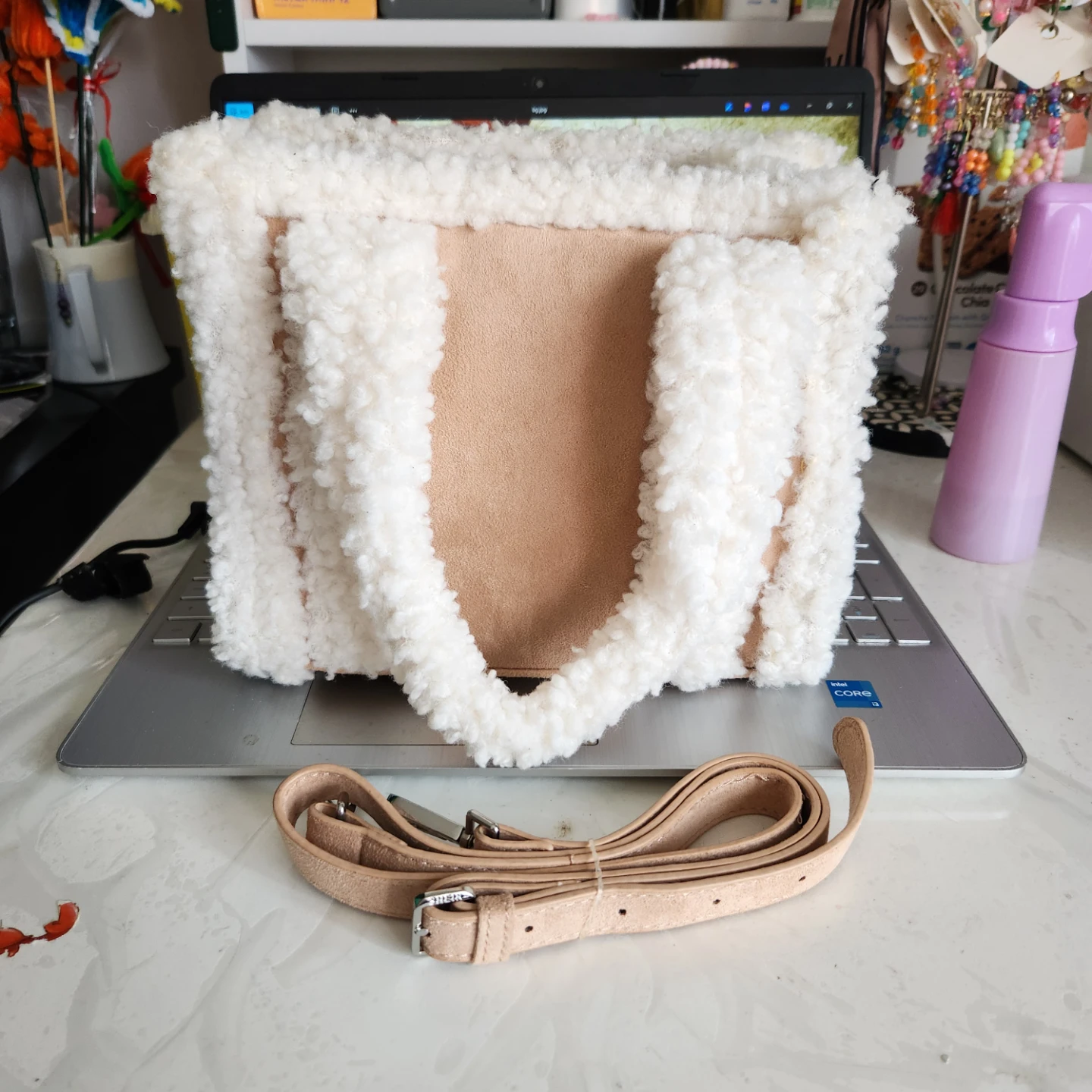White Fuzzy Tote Bag with Tan Suede Accents - photo 5