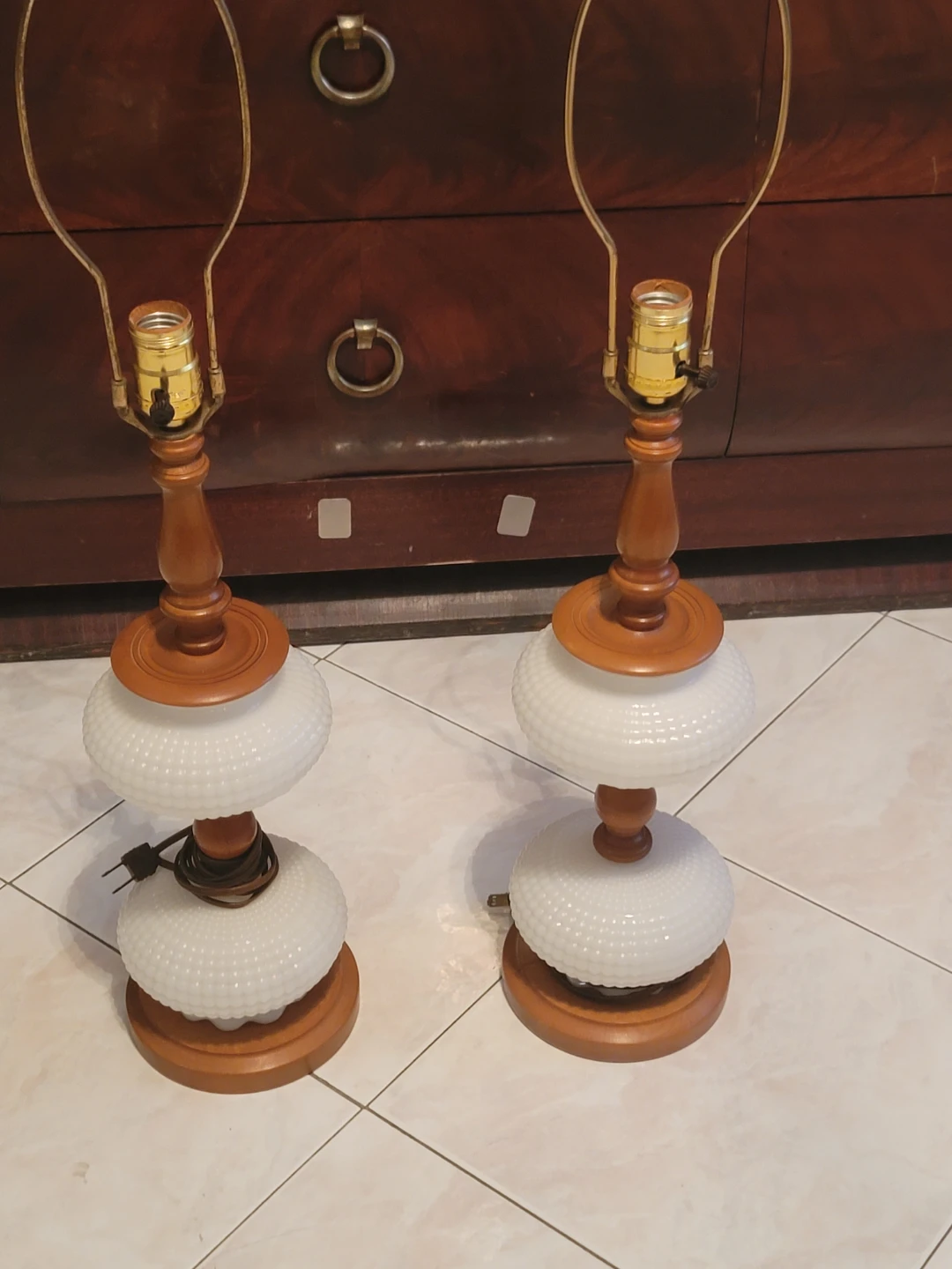 Vintage Milk Glass and Wood Table Lamps - Set of 2