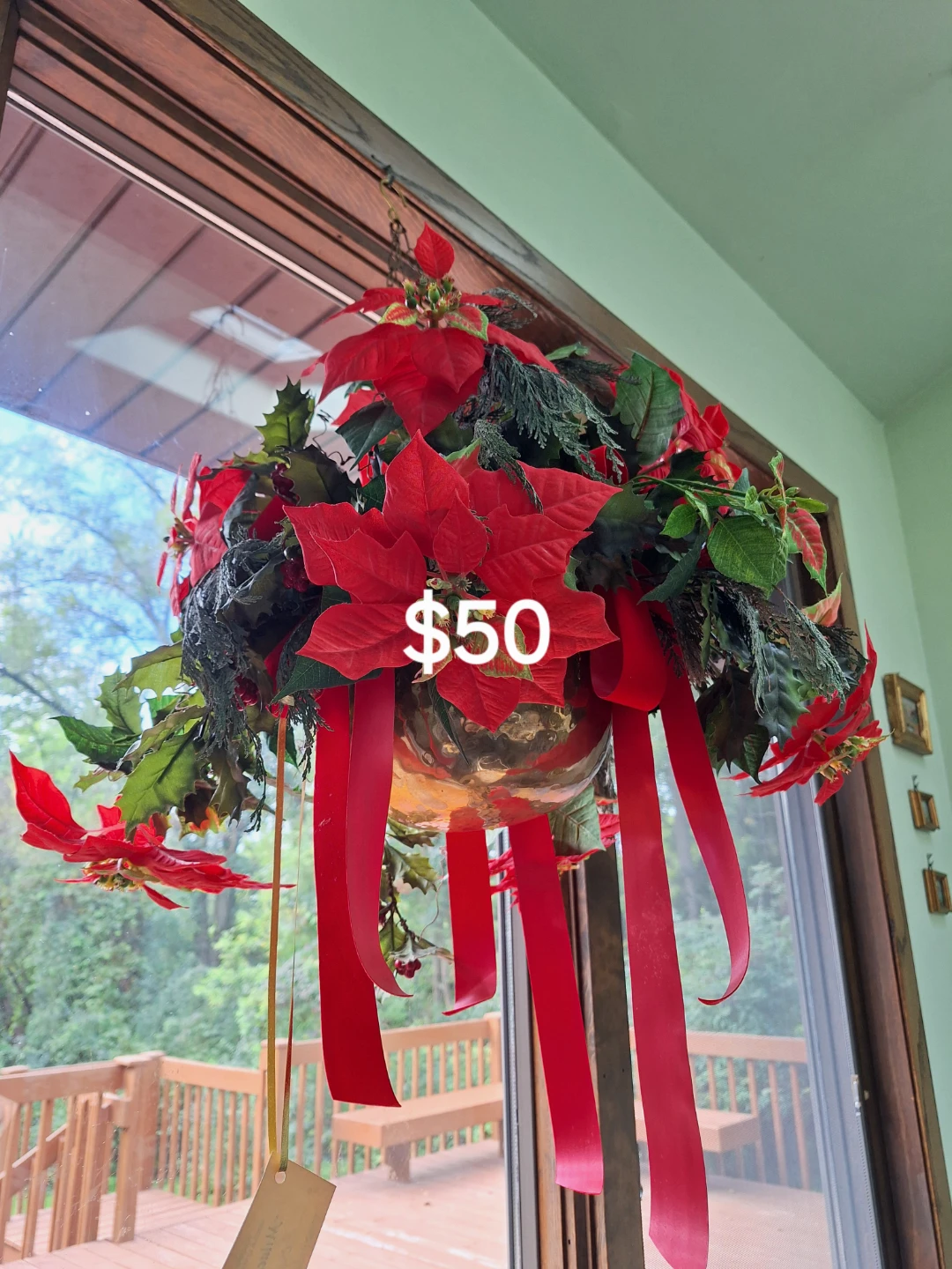 Christmas Poinsettia in Brass with Ribbons