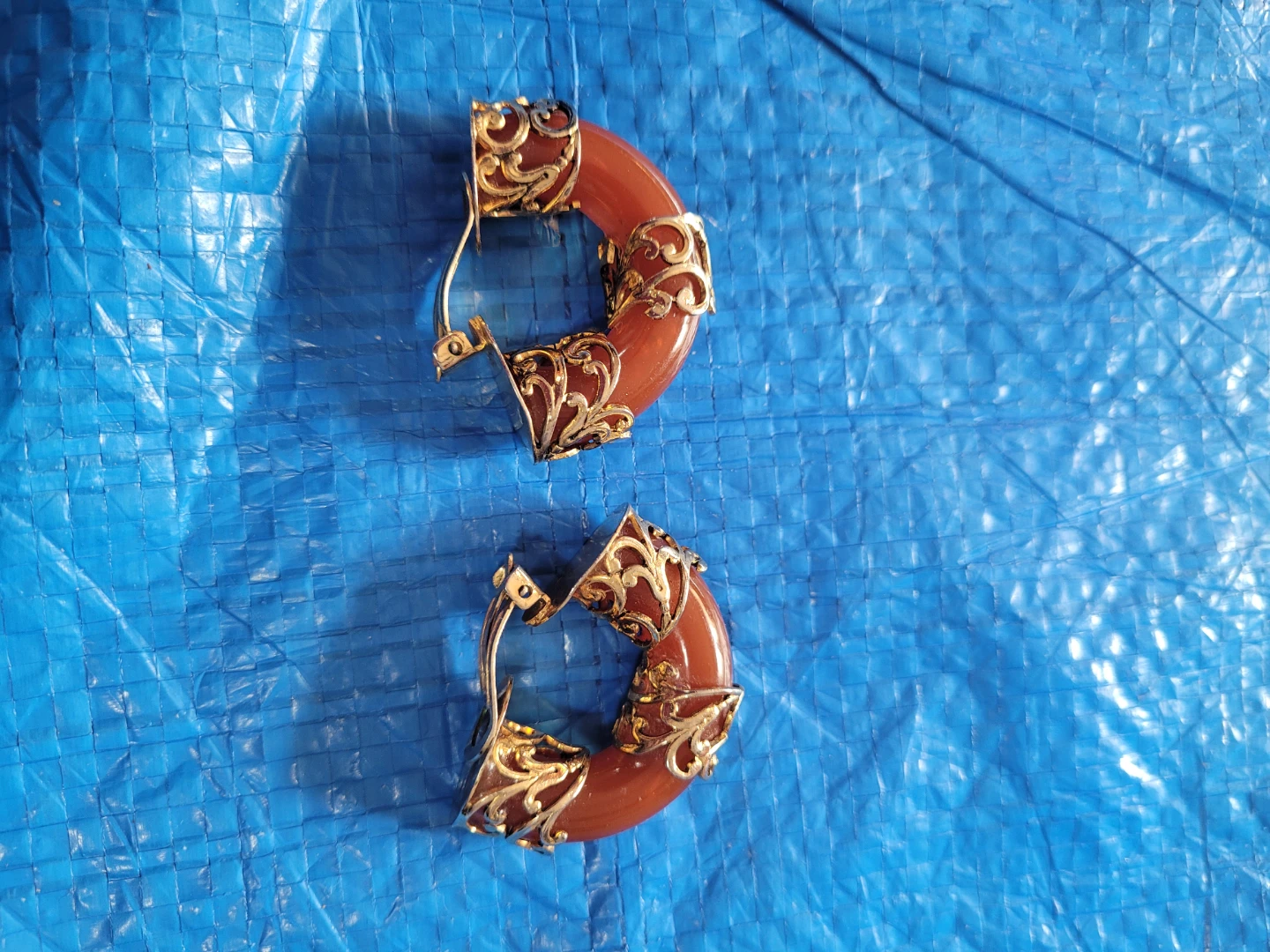 Vintage Gold Tone Hoop Earrings with Carnelian Stone - photo 2