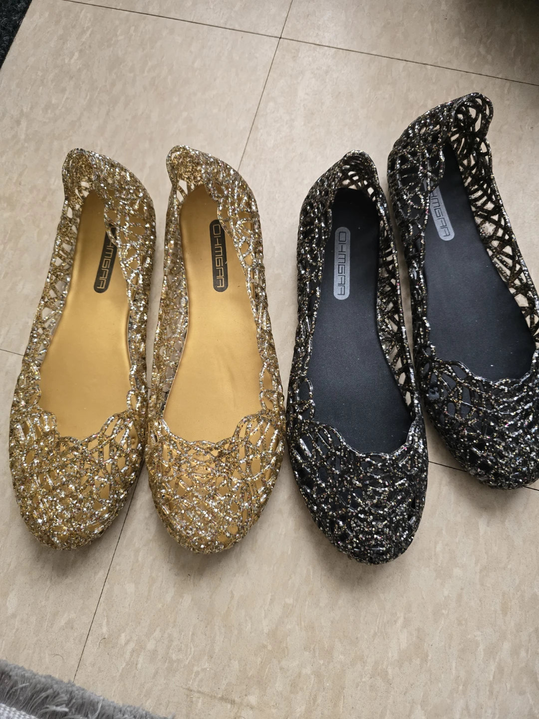 OHMBRA Glitter Jelly Flats - Gold & Black