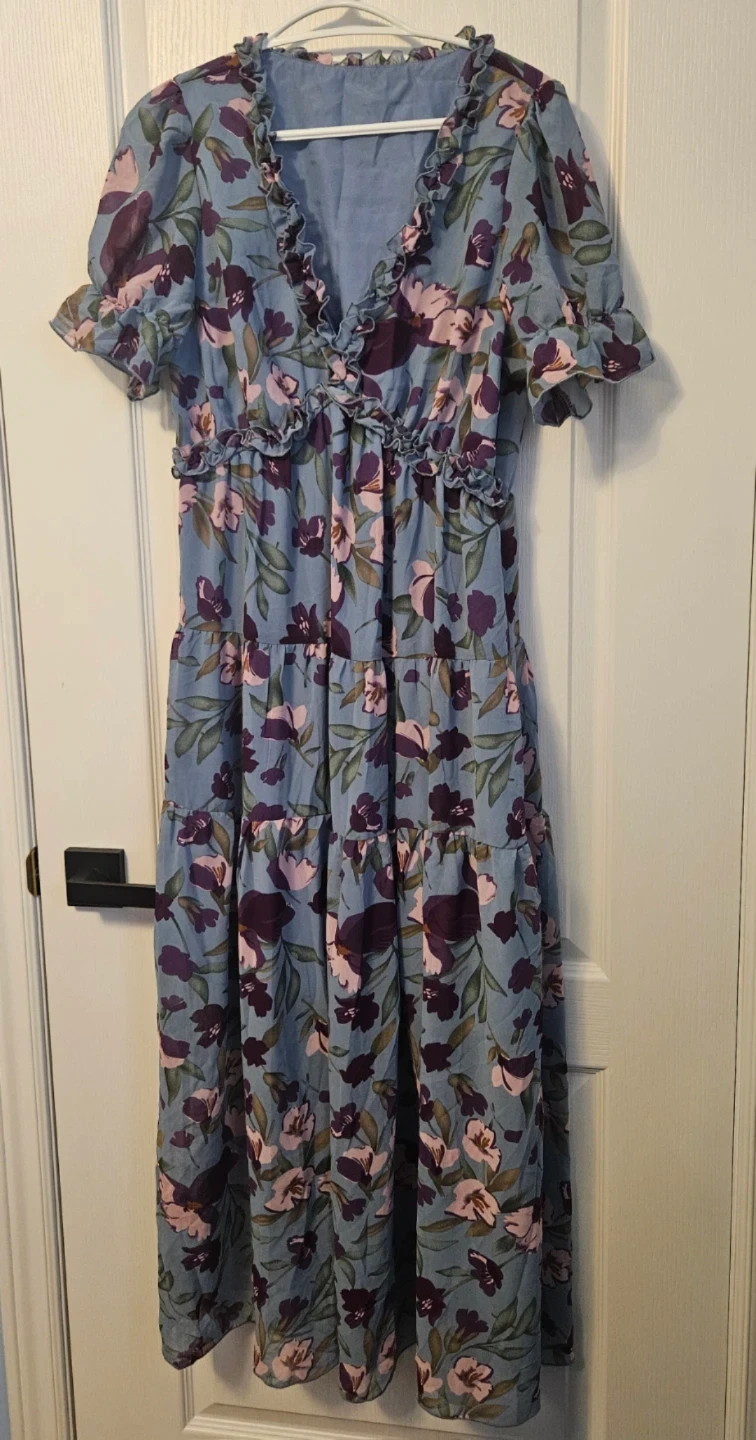 Blue Floral Tiered Midi Dress with Ruffle Trim