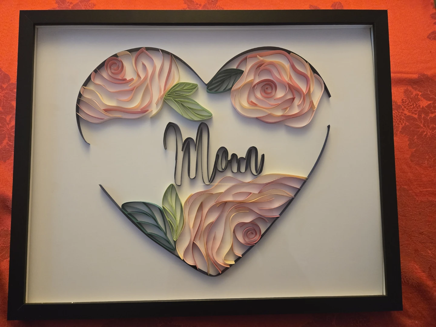 Handmads 16×20 Framed "Mom" Quilled Rose Heart Art