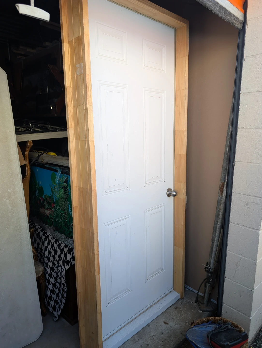 White interior door with wood trim