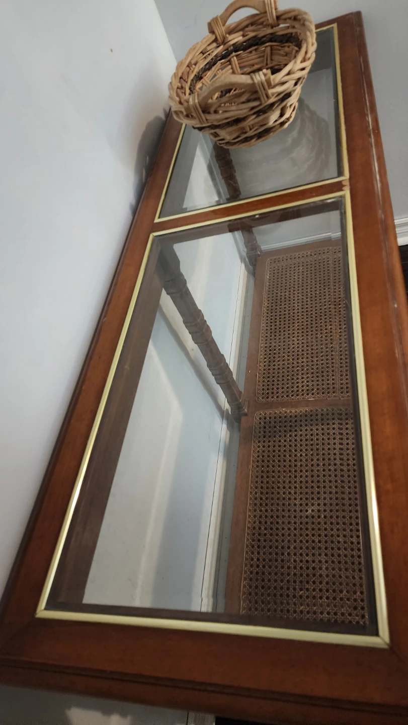 Vintage Wood and Glass Console Table with Cane Shelf - photo 2