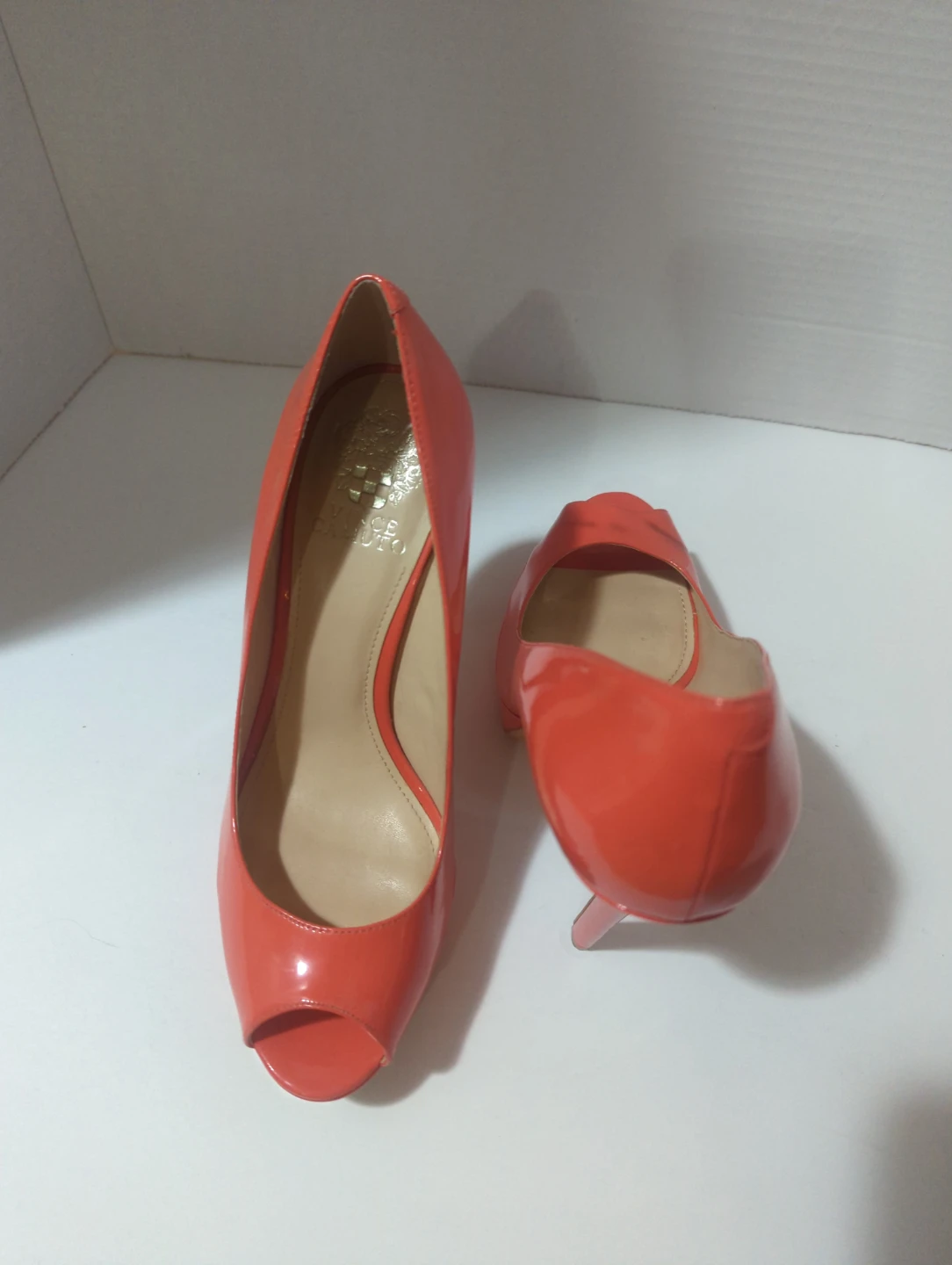 Vince Camuto Peep Toe Heels - Coral Patent