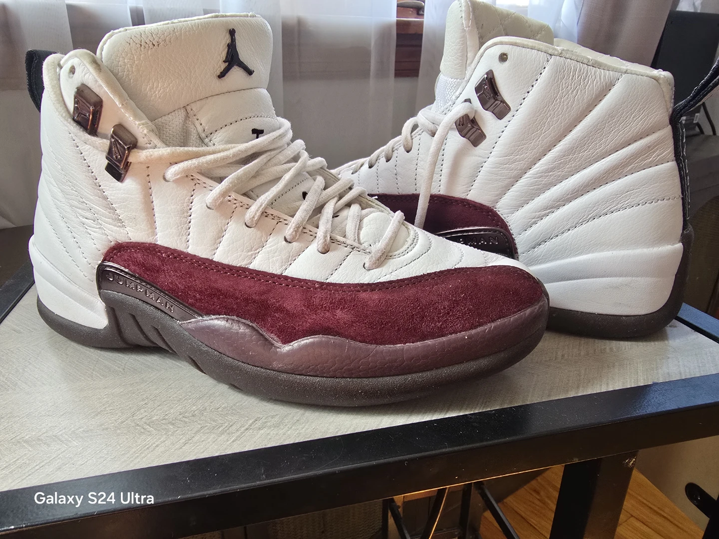 Air Jordan 12 Retro White Burgundy Suede Sneakers - photo 2
