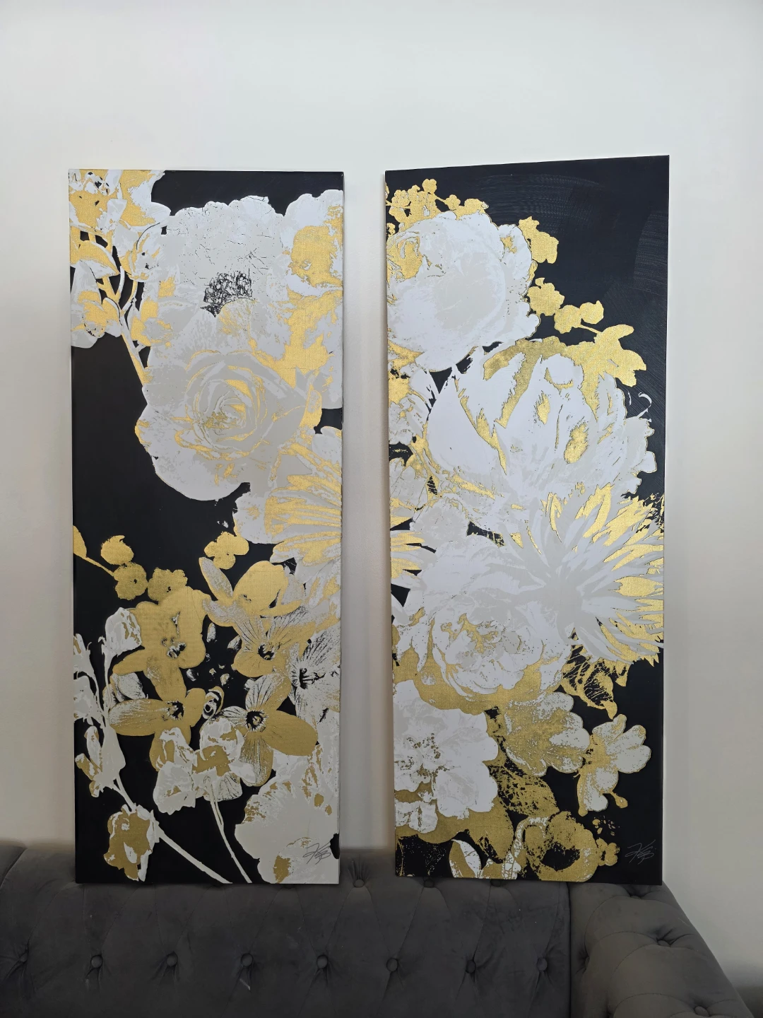 Set of 2 Floral Wall Art Prints - Black, White, Gold