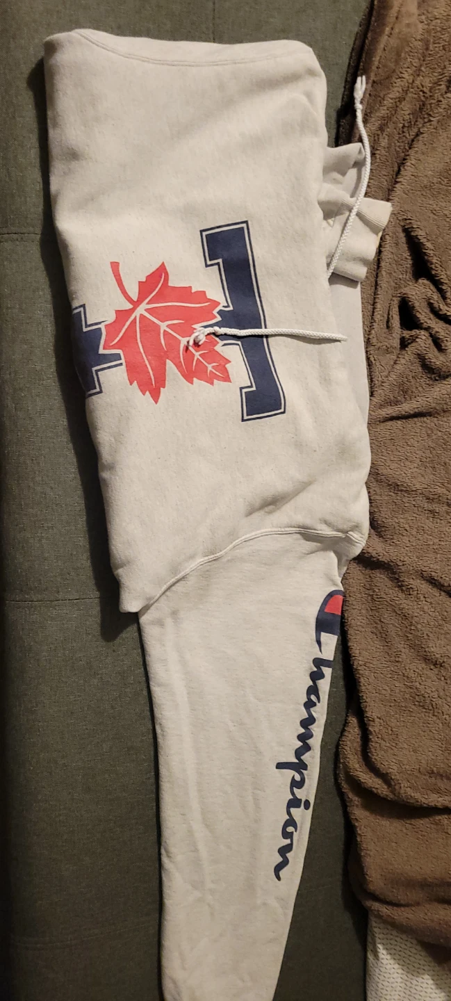 Champion Authentic Grey Hoodie with Maple Leaf Graphic - Medium