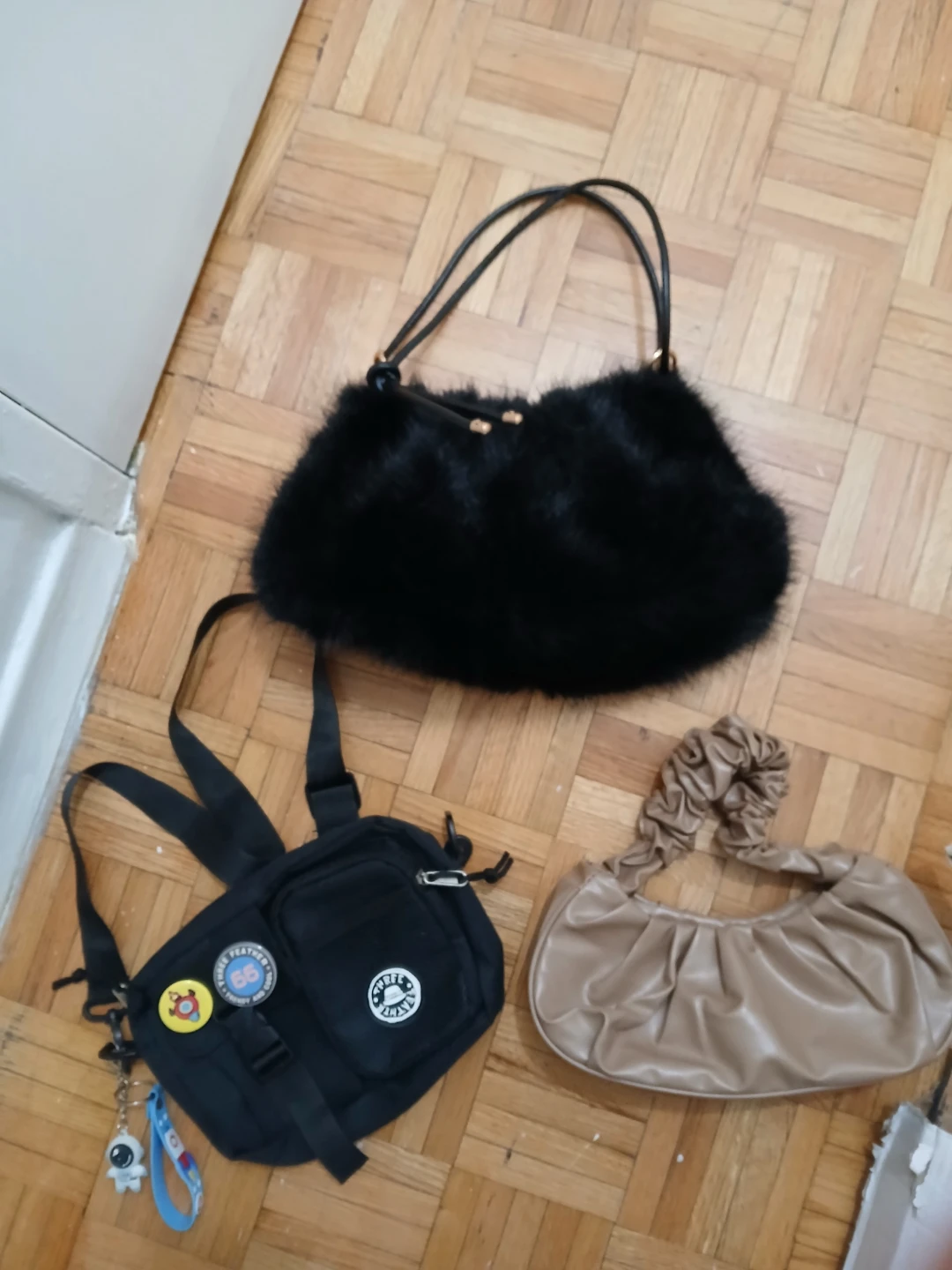 3 Assorted Handbags: Black Furry, Tan Ruched, Black Utility