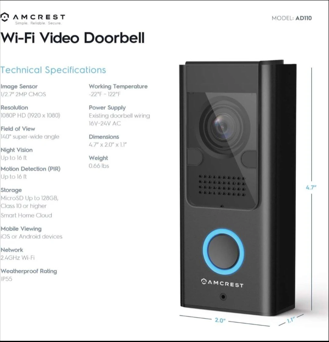 Amcrest Wi-Fi Video Doorbell AD110 - photo 2
