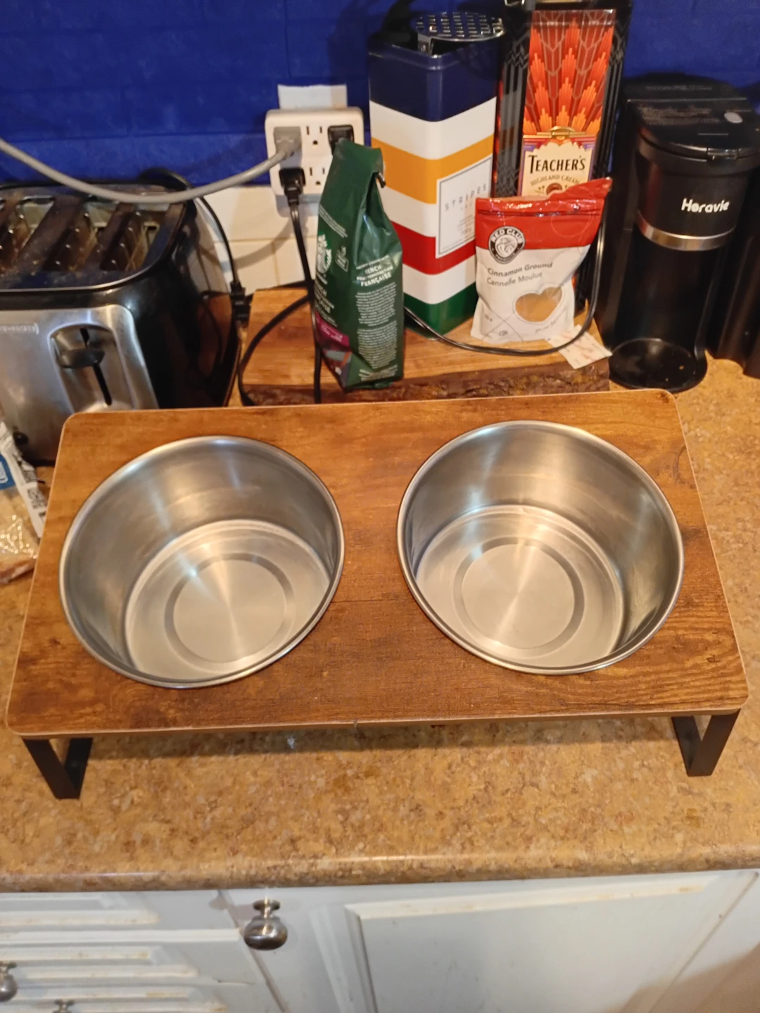 Wooden Pet Feeder with Stainless Steel Bowls