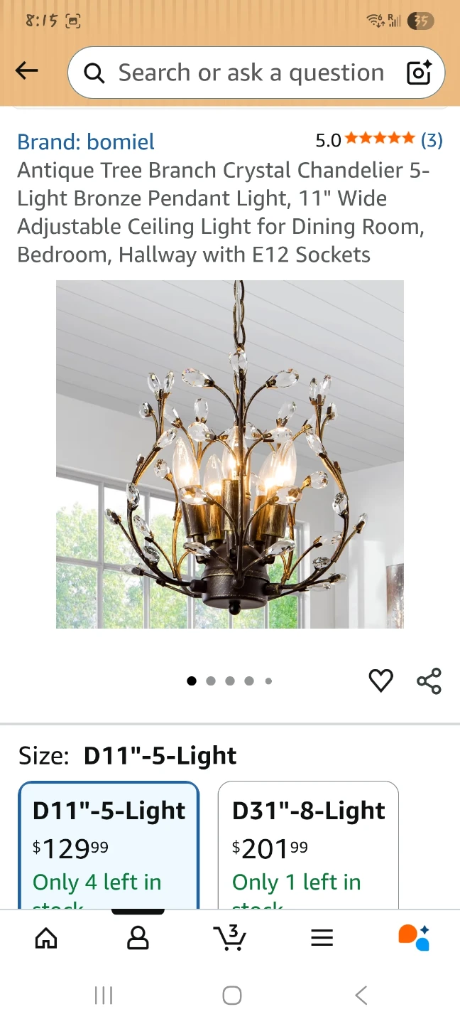 Antique Tree Branch Crystal Chandelier - 11" Wide Bronze