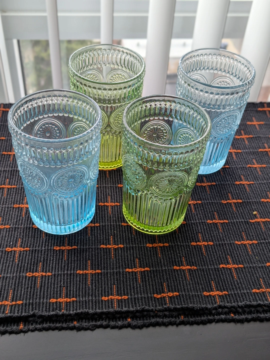 Set of 4 Embossed Glass Tumblers - Blue and Green
