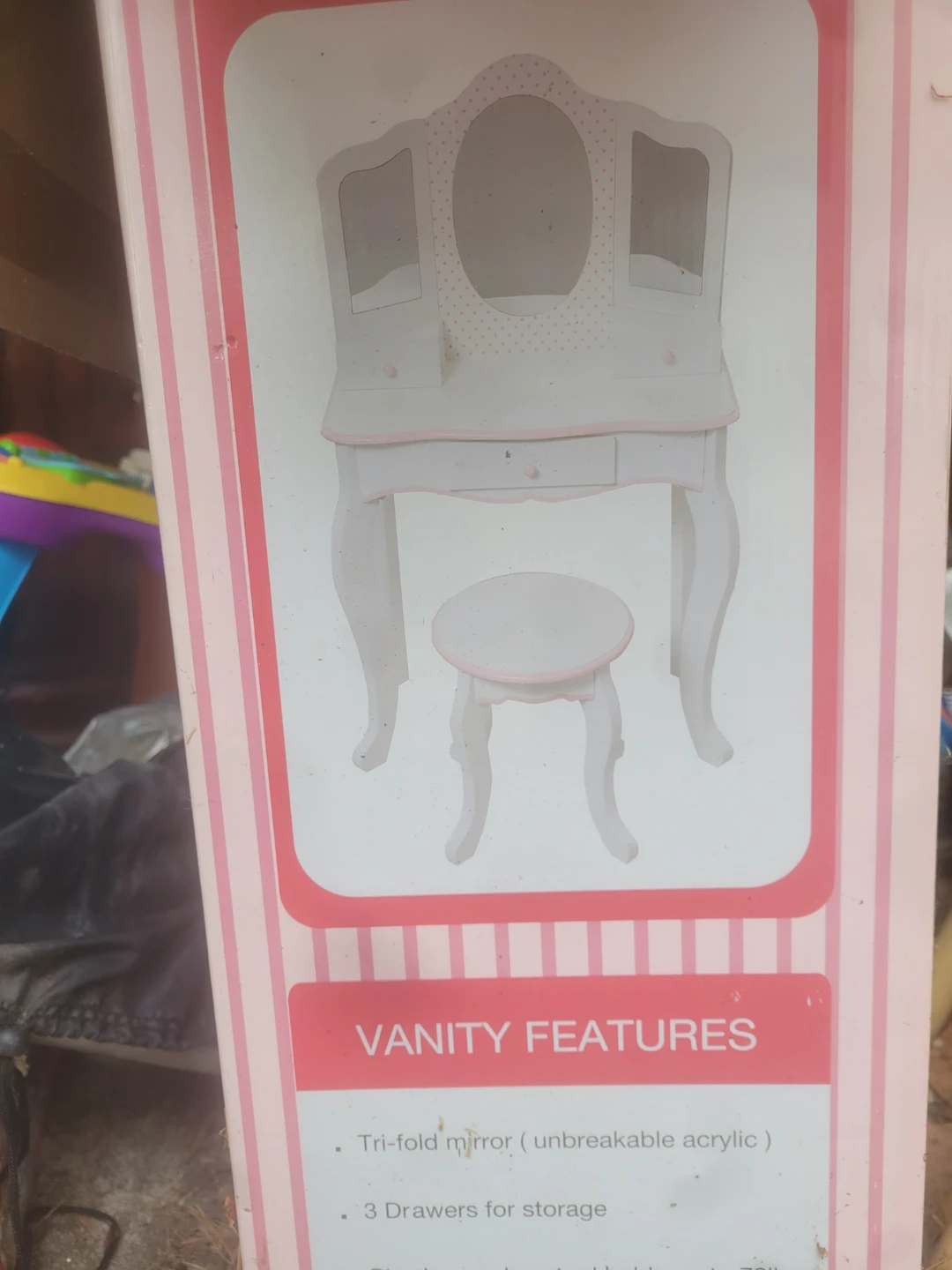 Kids Vanity Table and Stool Set with Tri-Fold Mirror