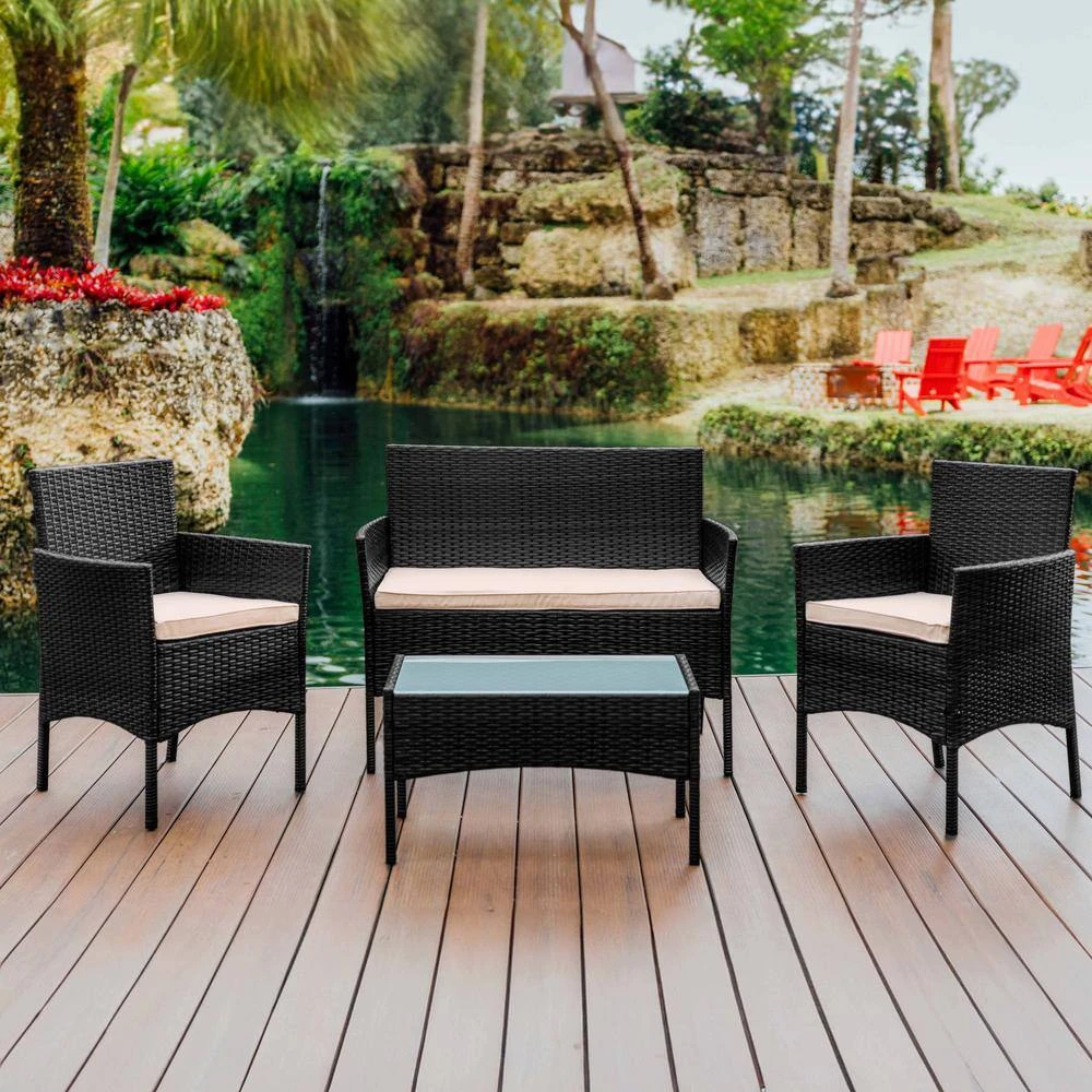 Black Wicker Patio Set with Cushions and Coffee Table