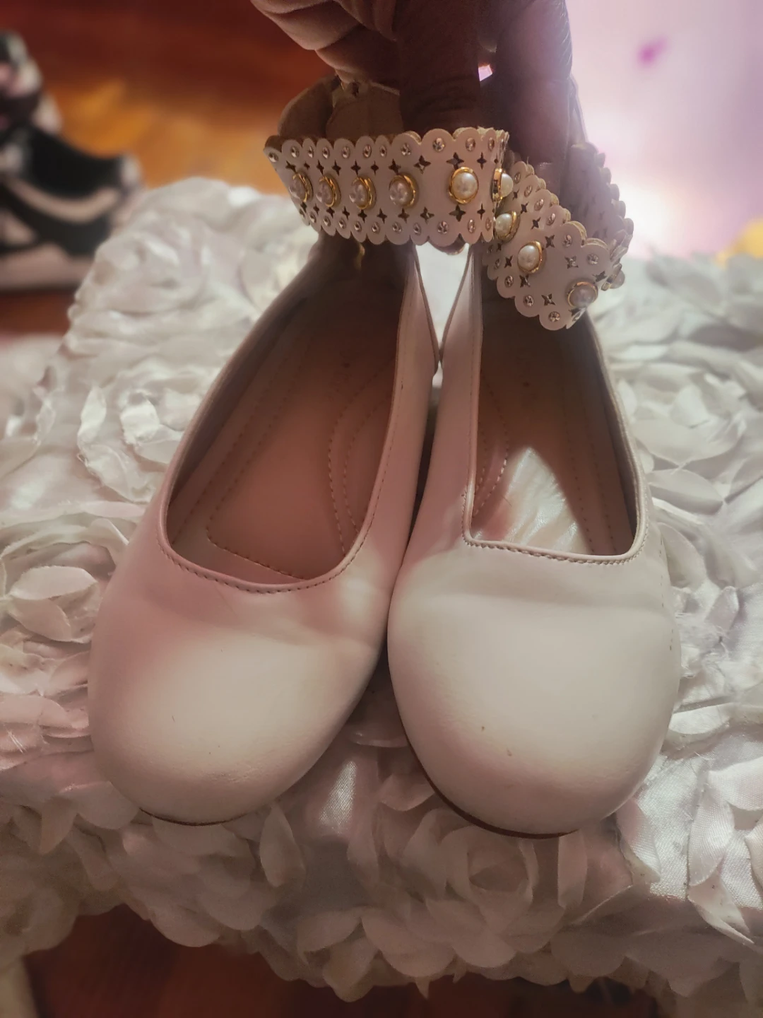 Kids White Ballet Flats with Pearl Ankle Strap - Girls Size 13