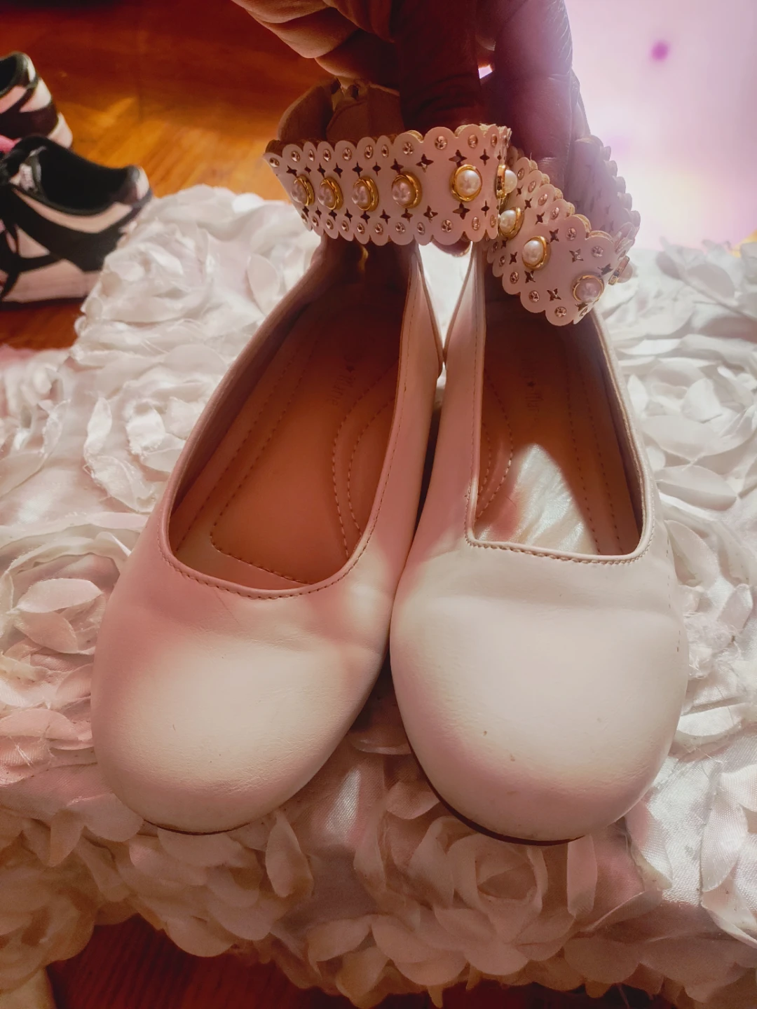 Kids White Ballet Flats with Pearl Ankle Strap - Girls Size 13 - photo 2