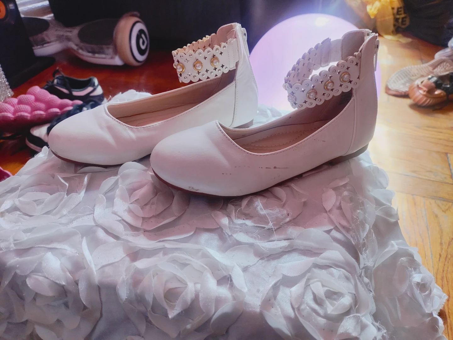 Kids White Ballet Flats with Pearl Ankle Strap - Girls Size 13 - photo 3